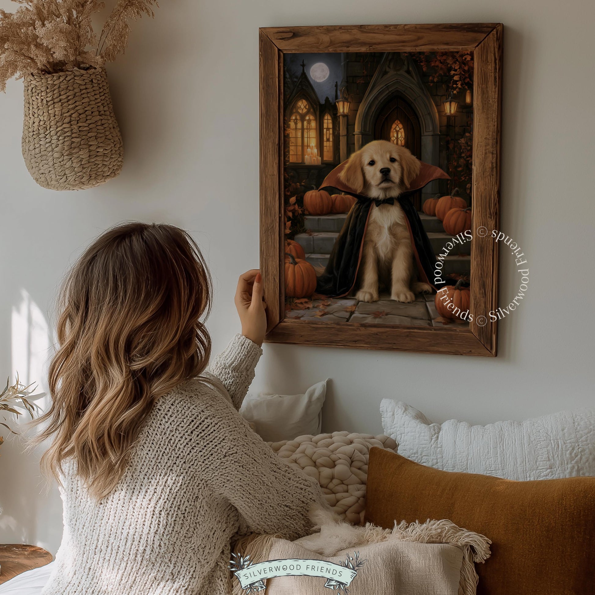 Halloween vampire dog digital art poster — dark moody seasonal decor with glowing elements