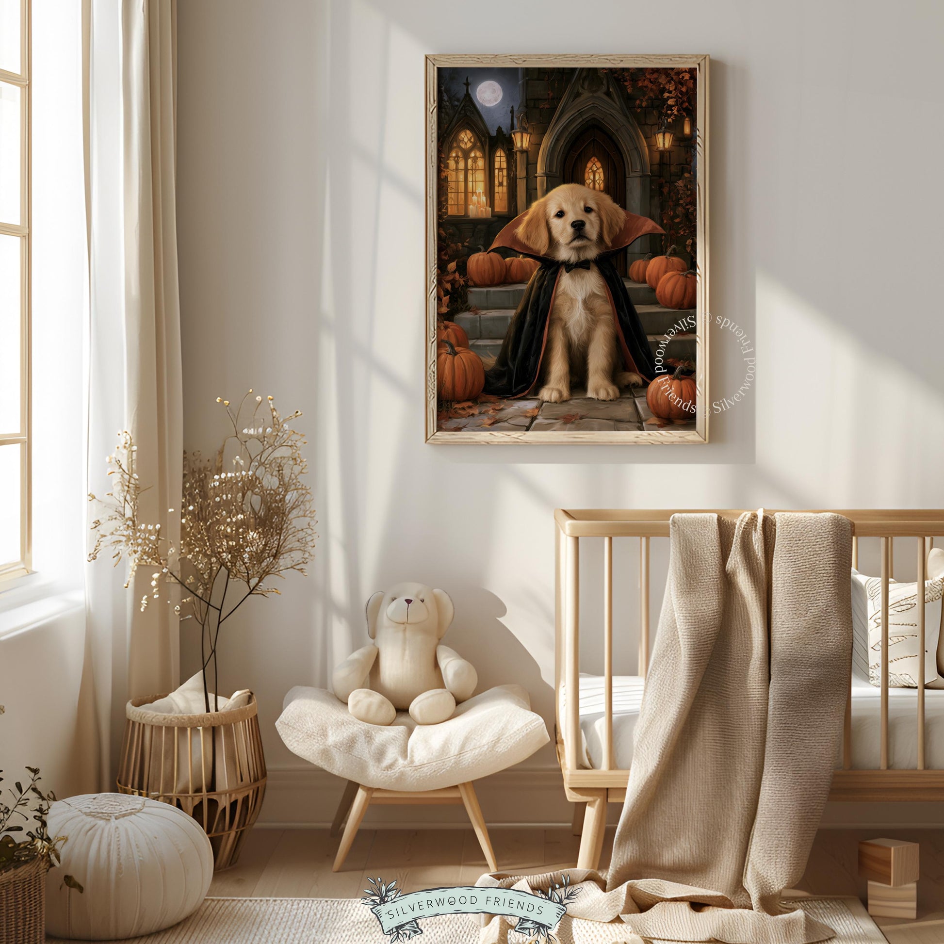 Halloween puppy artwork featuring golden retriever in cape — cozy spooky season decor with lanterns