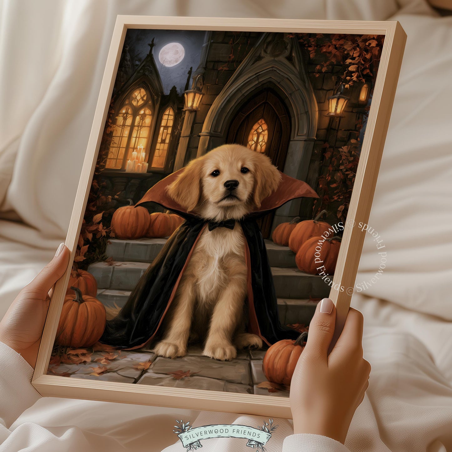 Vampire dog wall art printable for seasonal decorating — eerie gothic mood with full moon glow