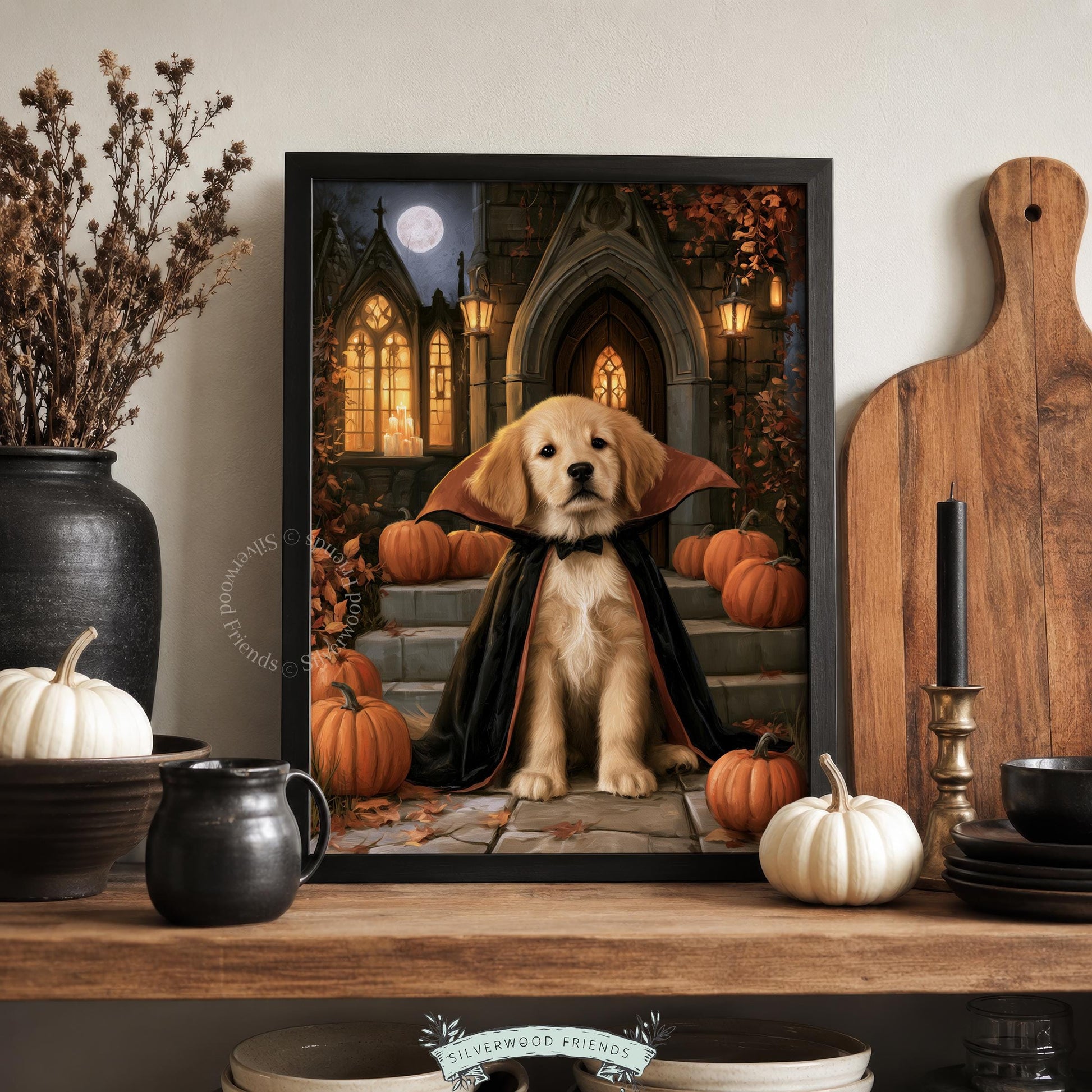 Golden retriever vampire poster for Halloween — spooky puppy in dracula cape with gothic autumn backdrop