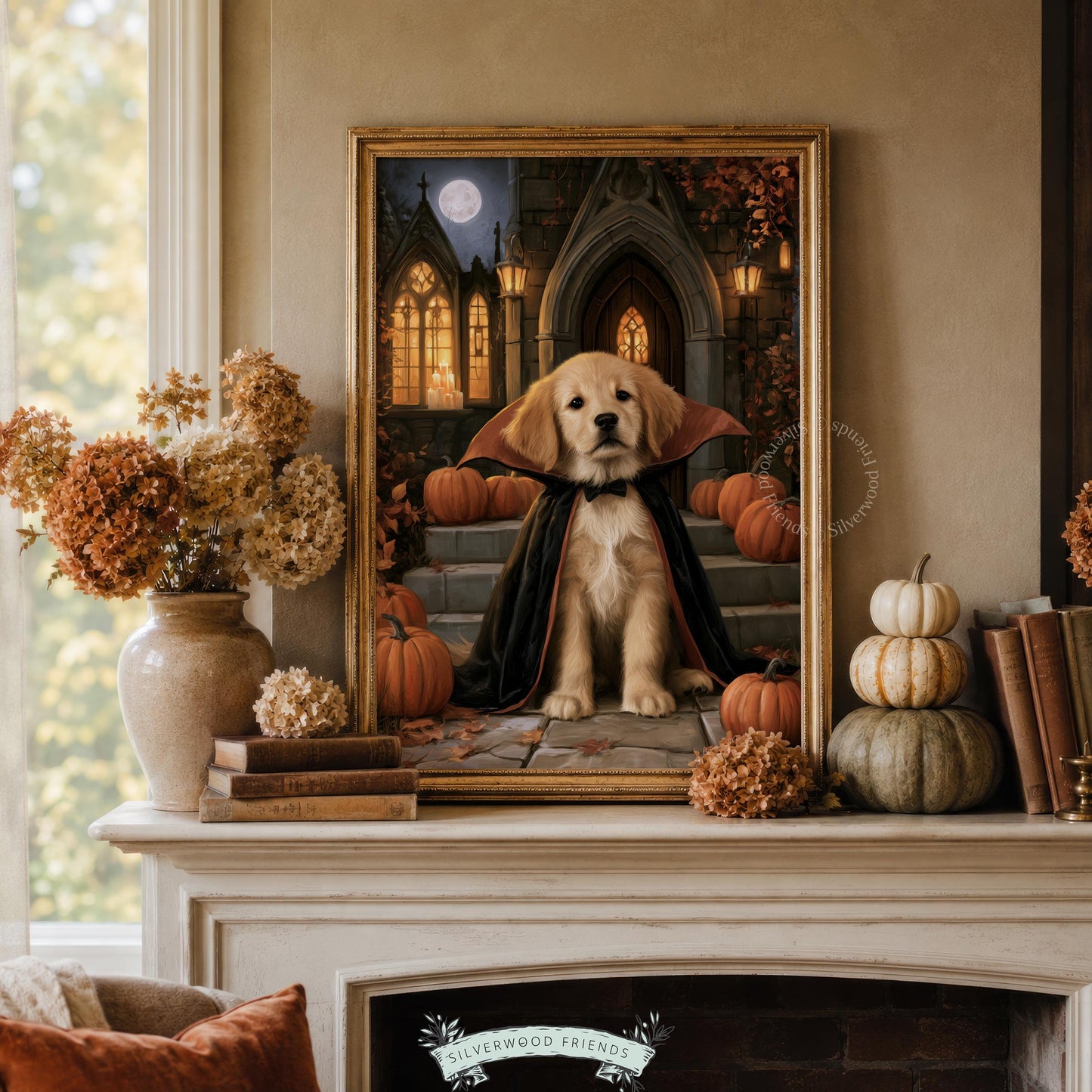 Cute retriever vampire wall art poster — witchy fall aesthetic with lanterns and moonlight