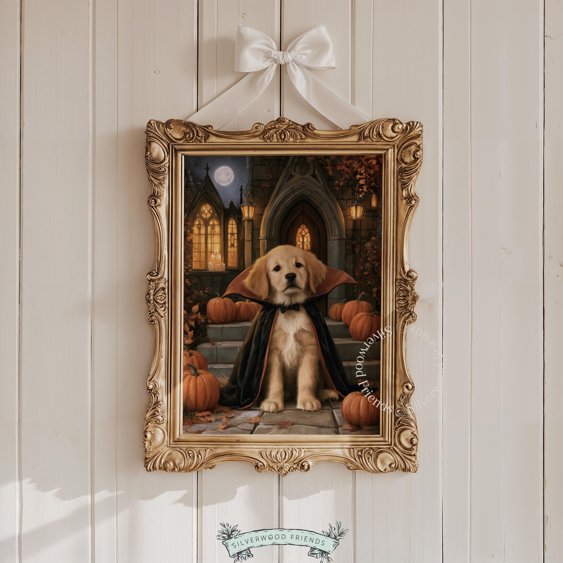 Friendly lab puppy vampire portrait printable for October — spooky rustic cottage wall art