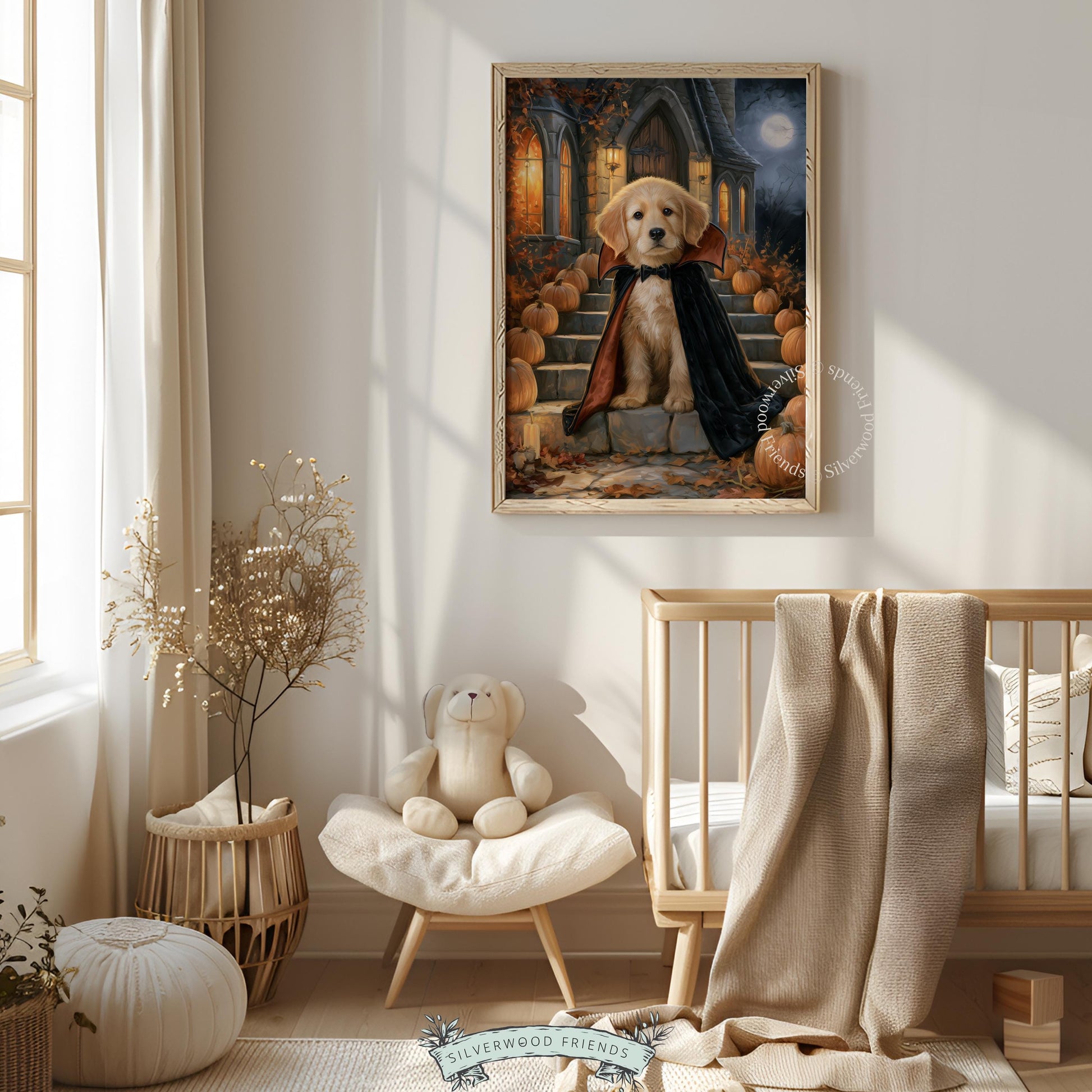 Creepy-cute dog digital art for nursery — puppy in halloween costume with warm candlelight and manor ruins