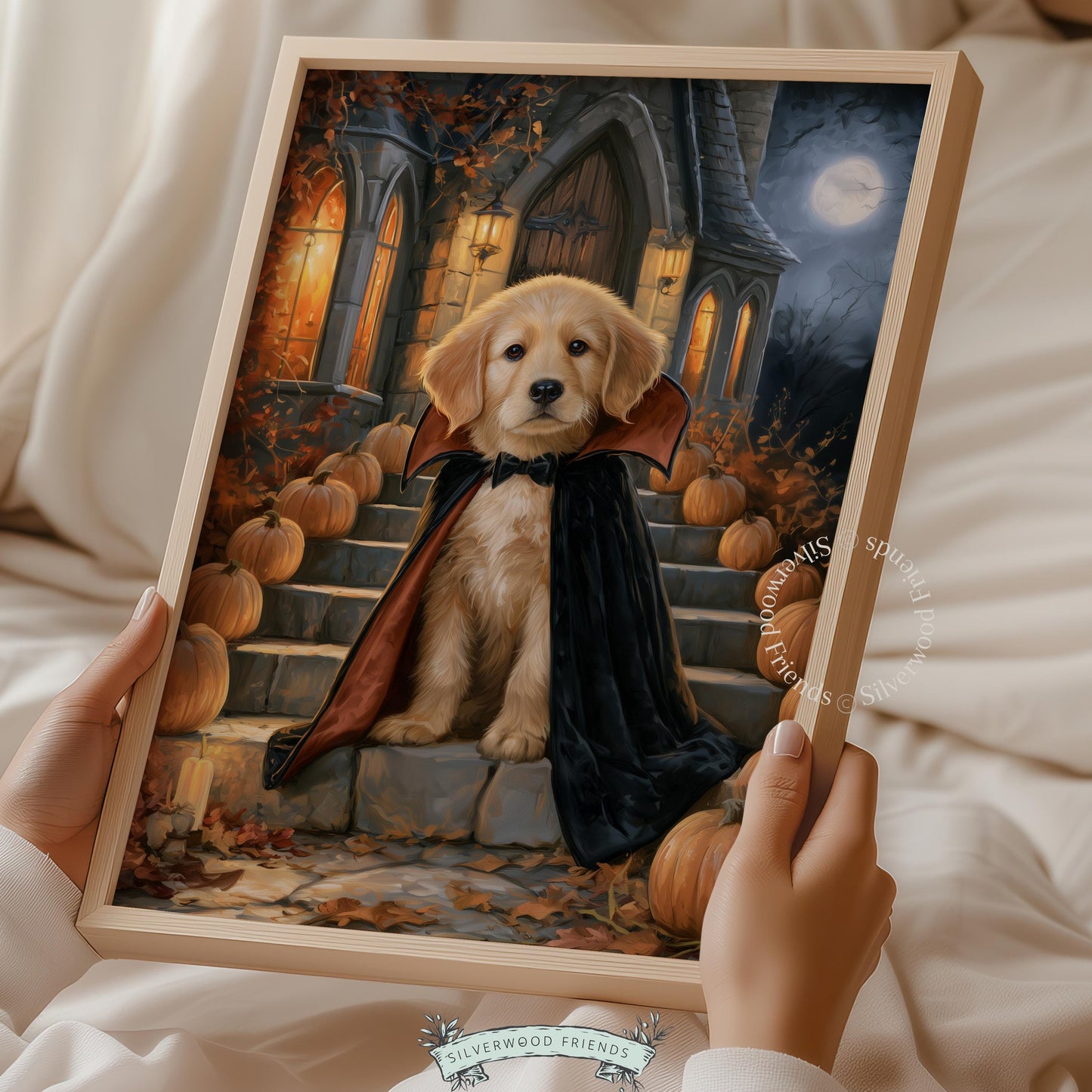 Moody dog portrait painting for bedroom — costumed retriever with cape, candlelit gothic ambiance and stone ruins