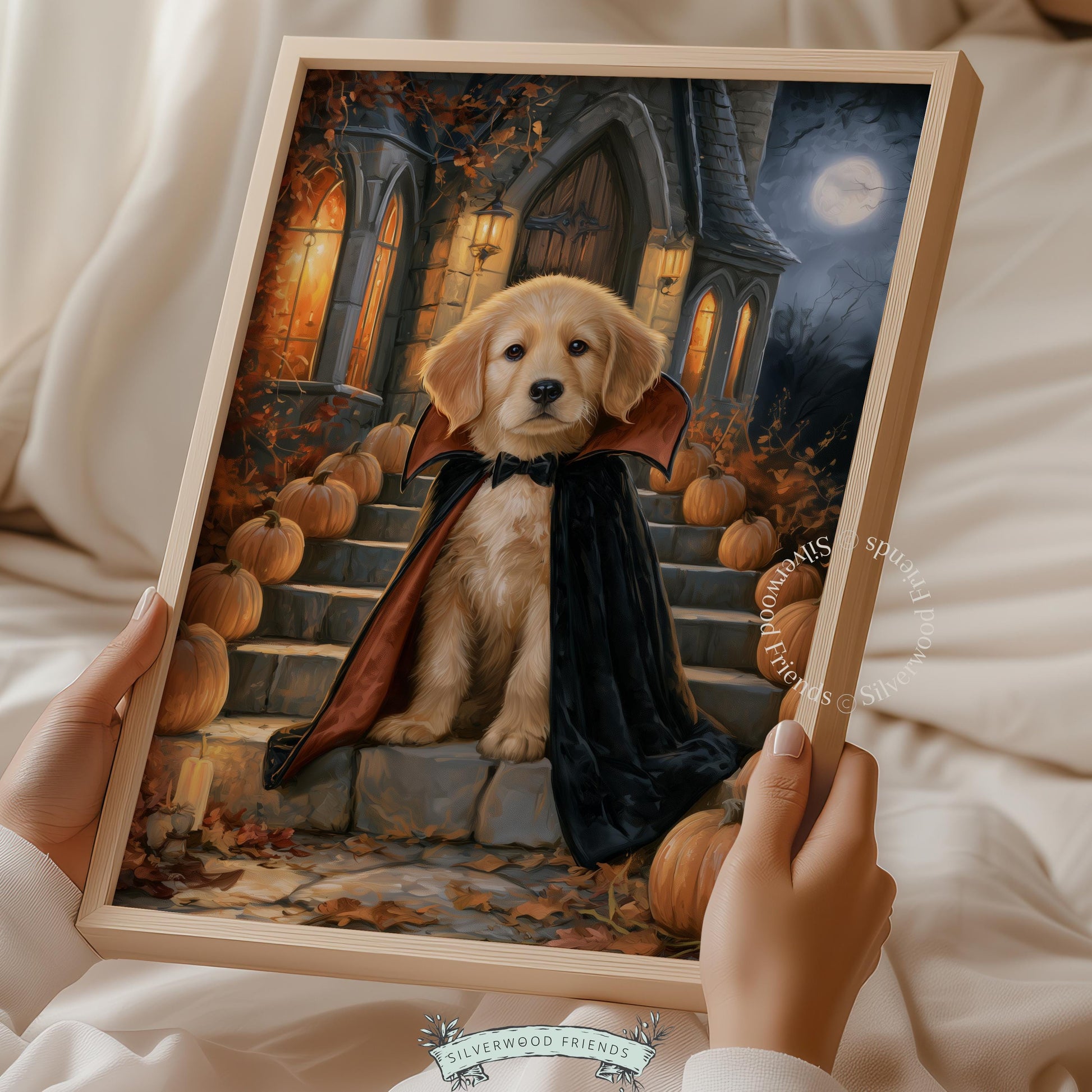 Moody dog portrait painting for bedroom — costumed retriever with cape, candlelit gothic ambiance and stone ruins