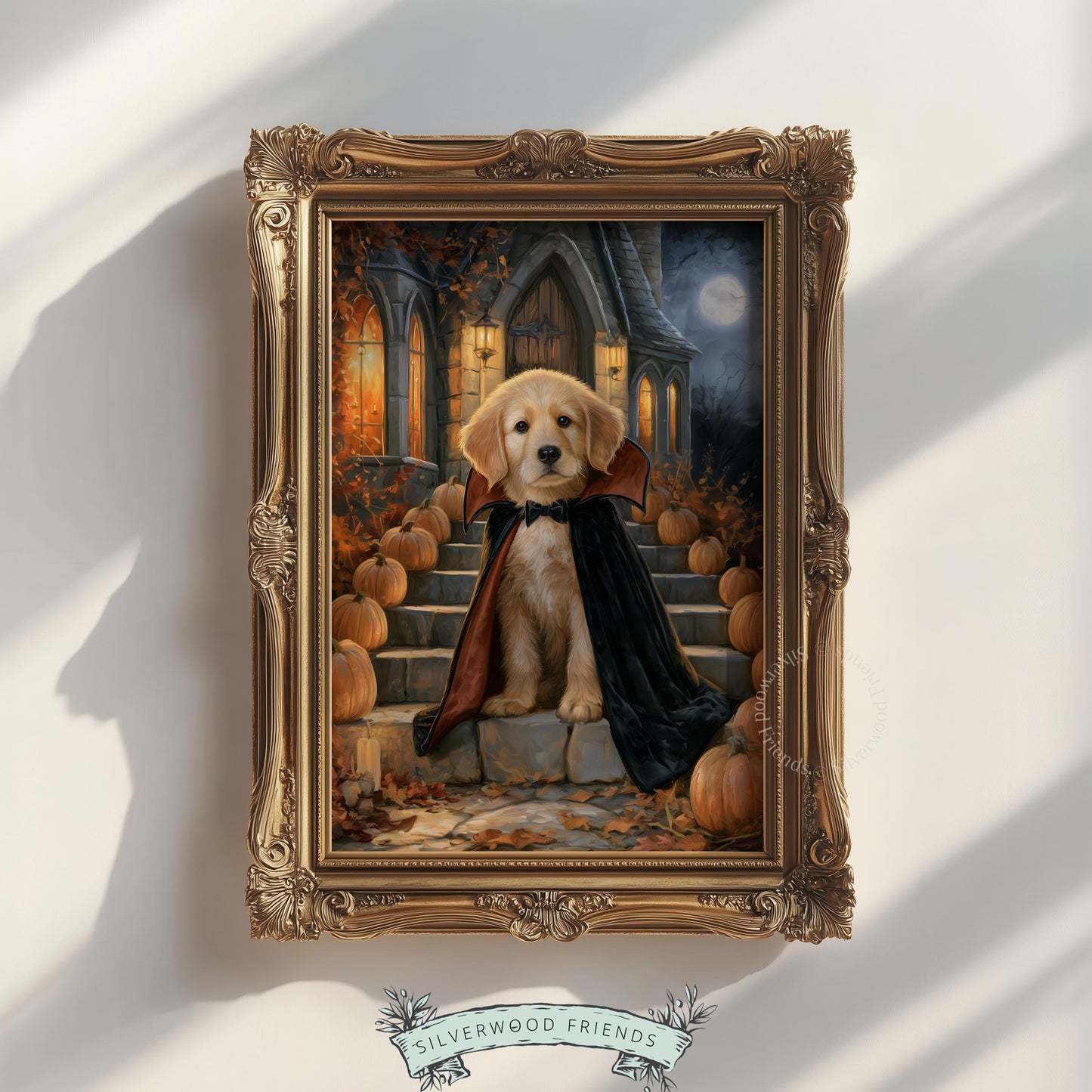 Festive pet portrait digital download — golden retriever in halloween costume with pumpkins and moonlit manor