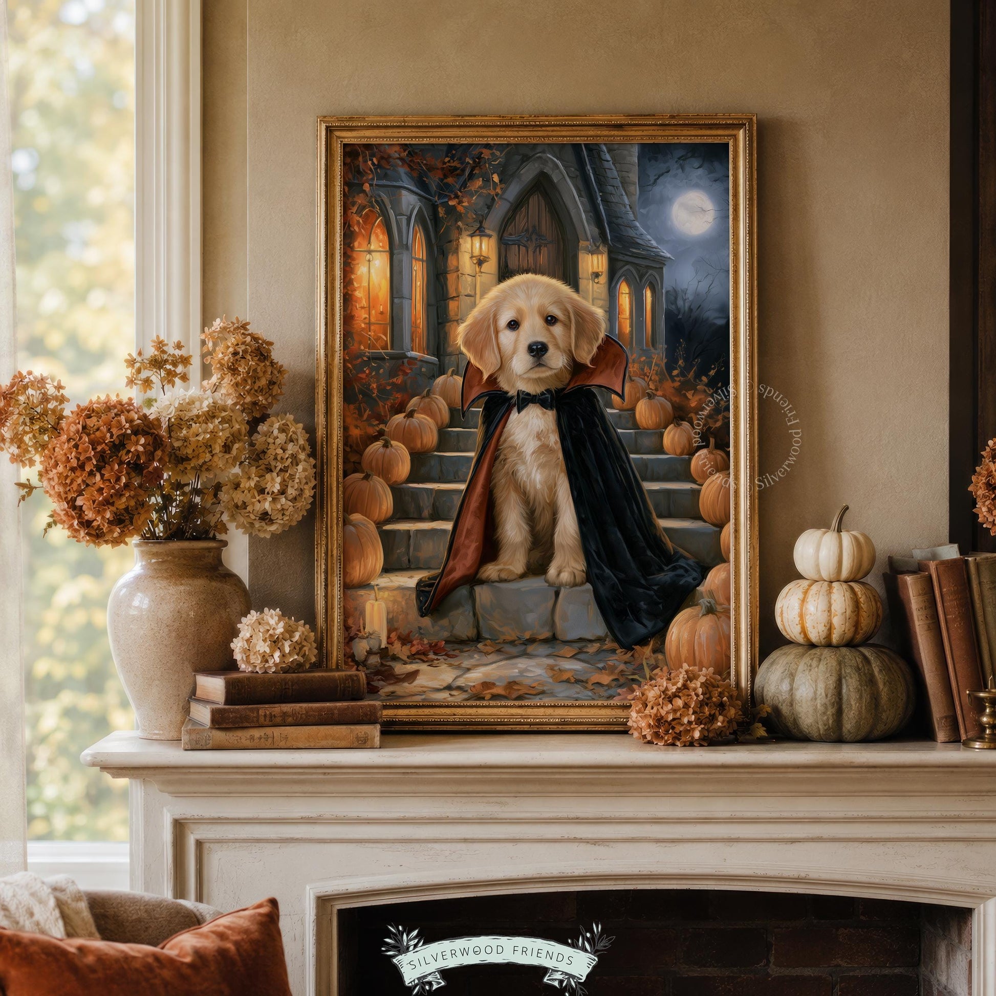 Cozy autumn dog print for den — festive retriever costume art with atmospheric spooky mansion and full moon