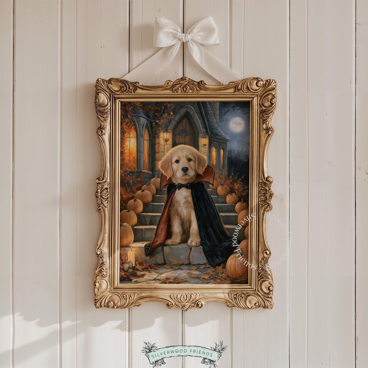 Witchy puppy poster art instant download — cute pooch vampire aesthetic with dark tones and mysterious backdrop