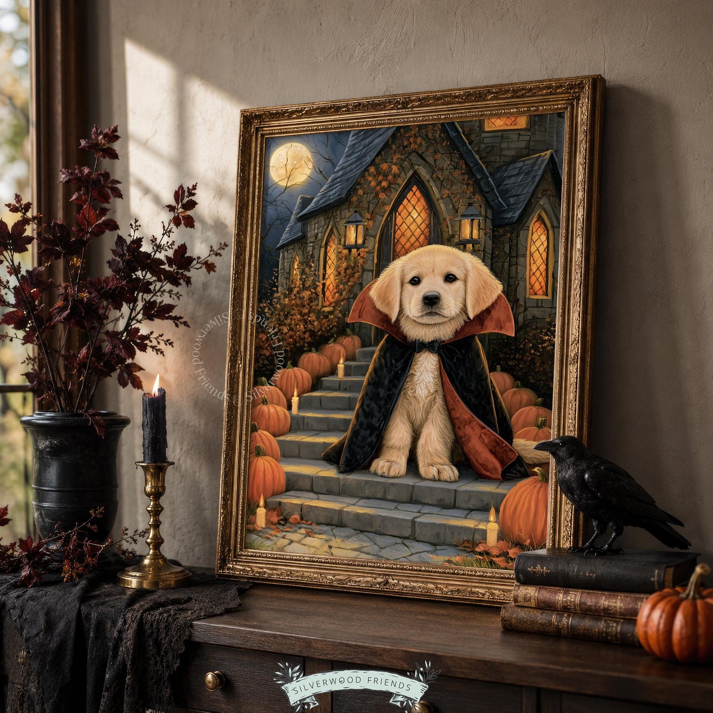 Cute puppy in dracula costume printable art — moody gothic mansion haunted house aesthetic