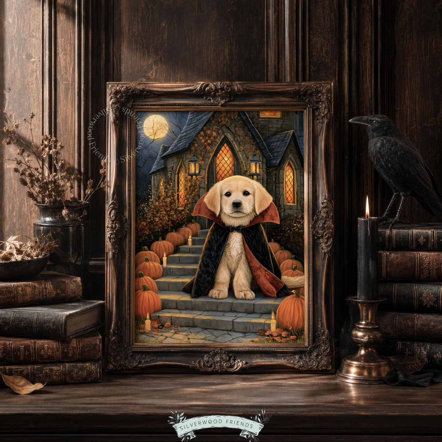 Halloween dog portrait painting print — fluffy golden pup festive costume scene