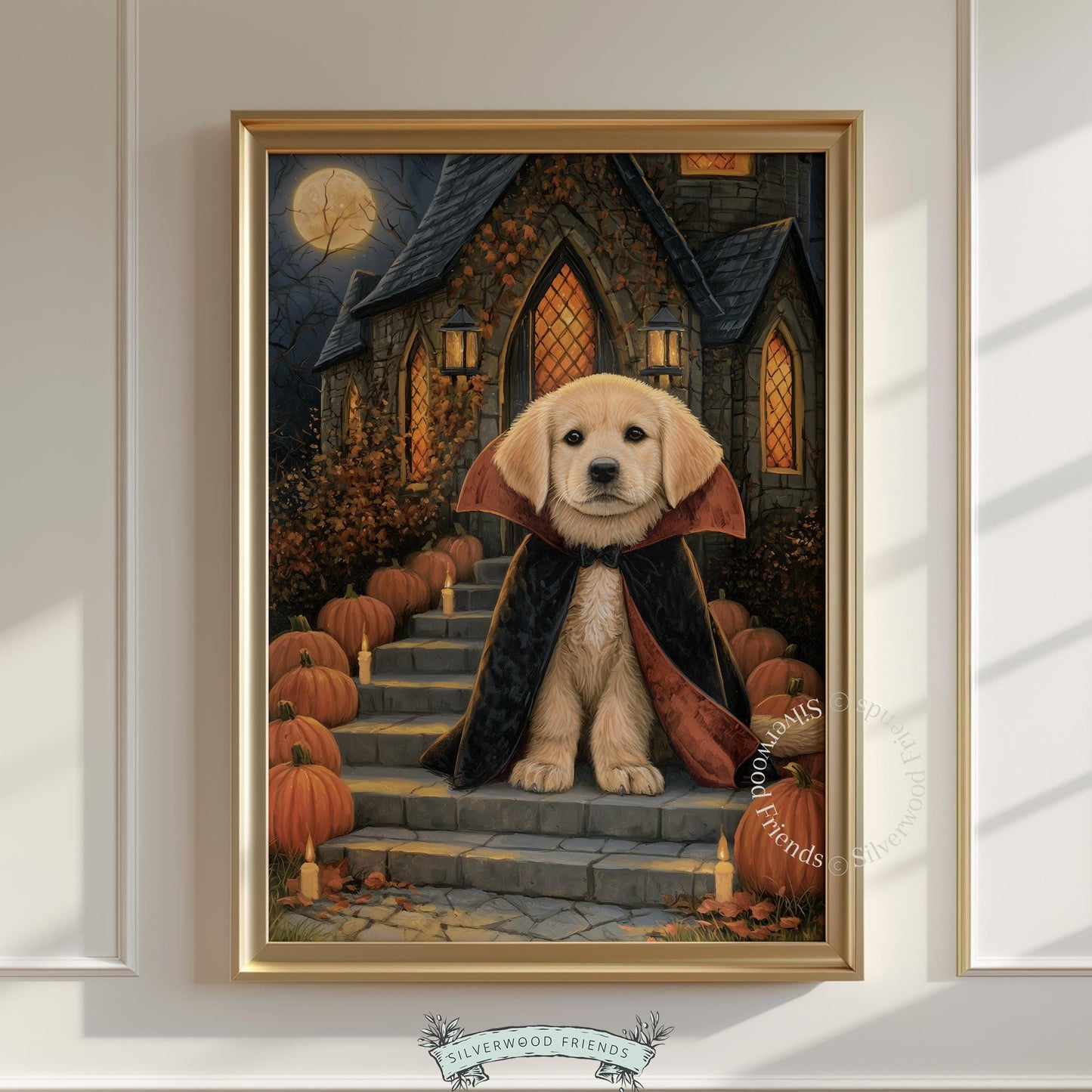 Cute retriever in dracula outfit poster art — autumn cozy cottage aesthetic with full moon