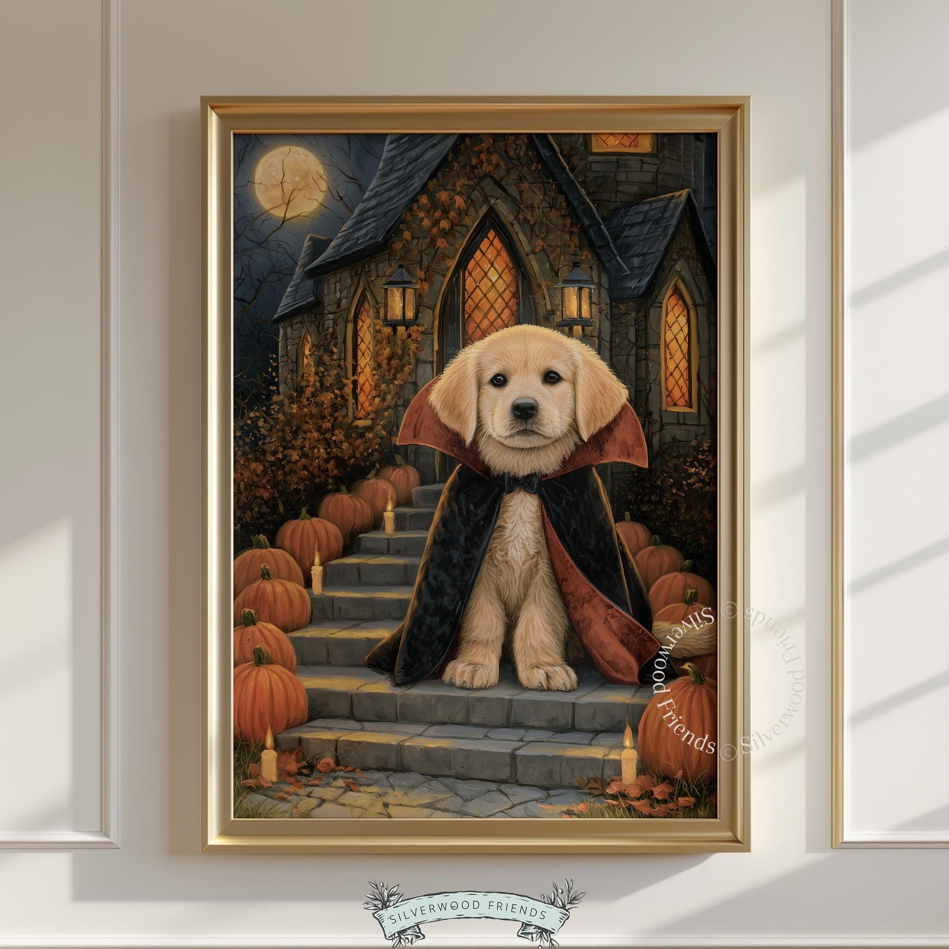Cute retriever in dracula outfit poster art — autumn cozy cottage aesthetic with full moon