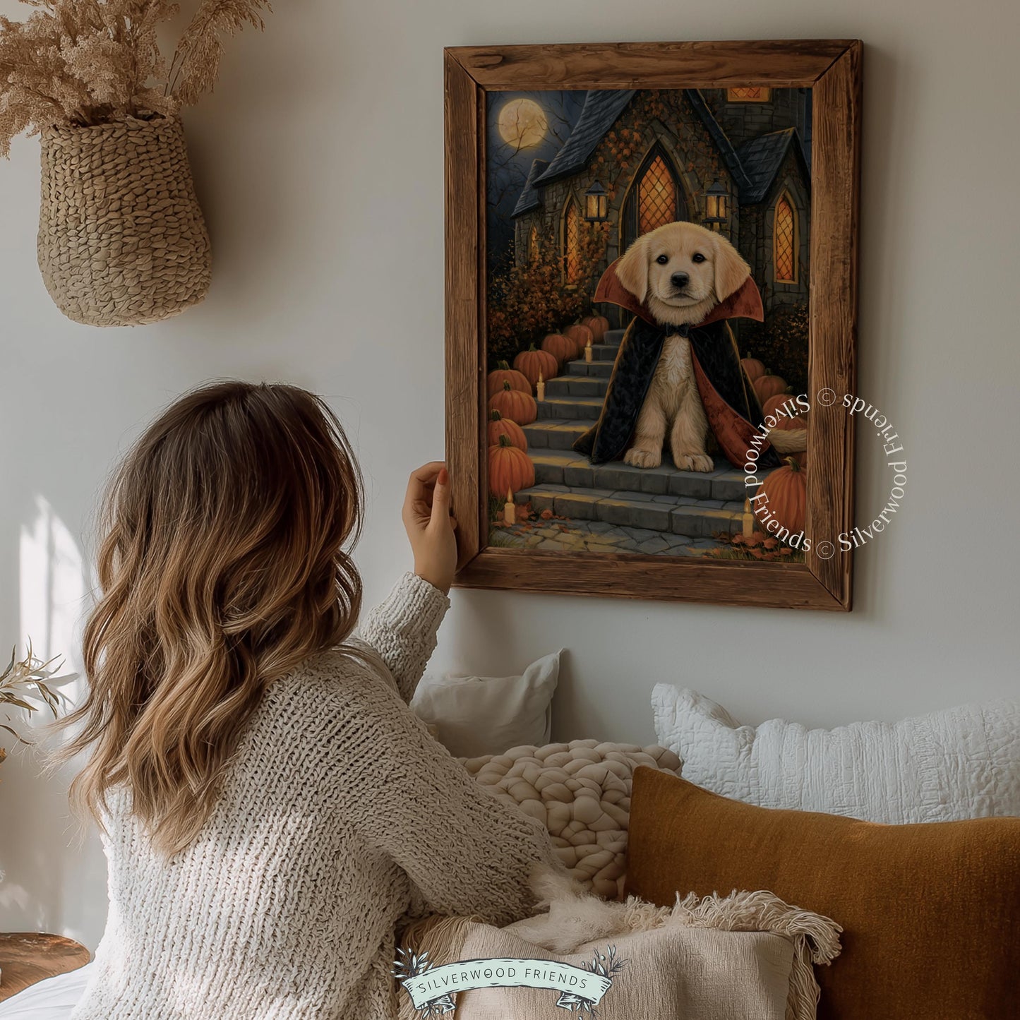 Dog in vampire cape artwork for study — rustic gothic fall decorations with warm lighting