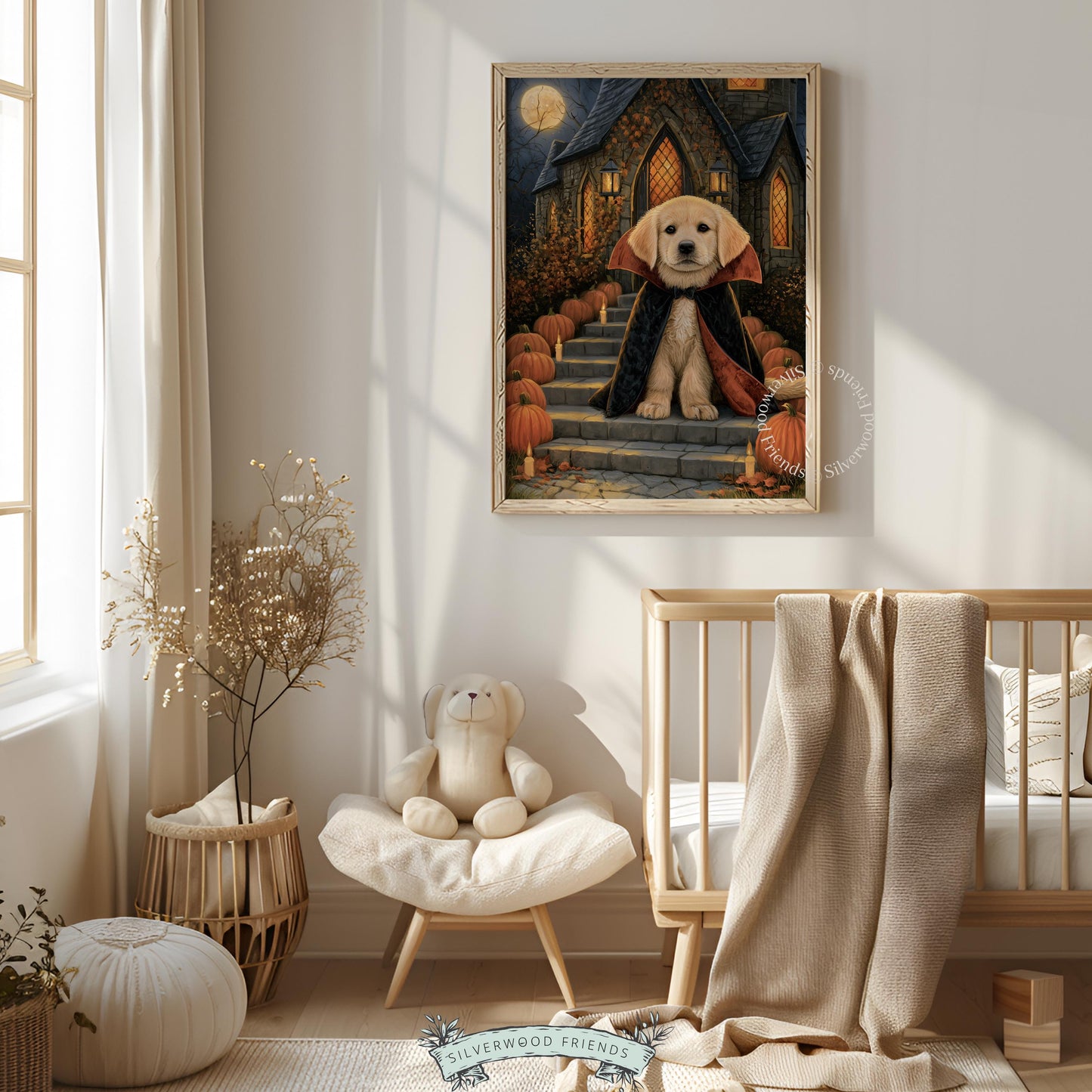 Cute retriever halloween wall art instant download — spooky mansion full moon night
