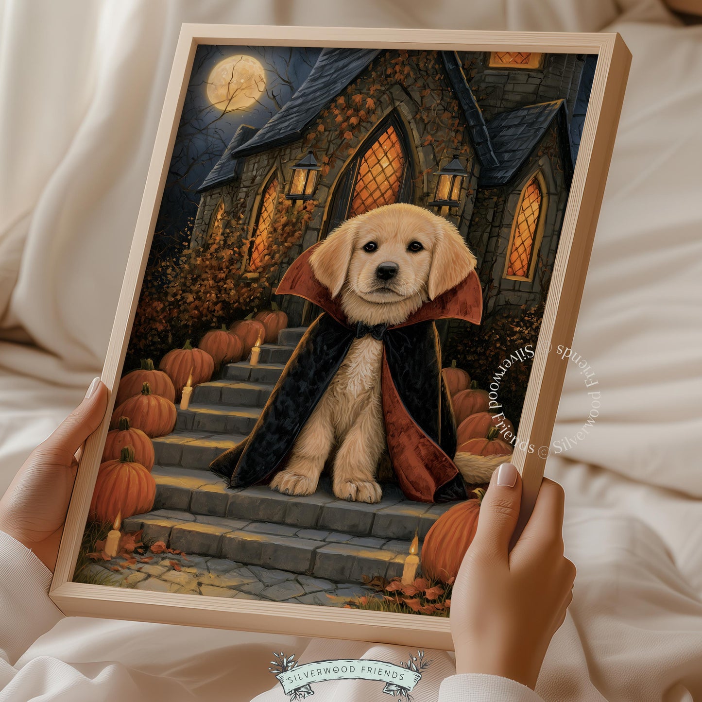 Spooky season puppy digital download wall art — moody amber-toned mansion backdrop