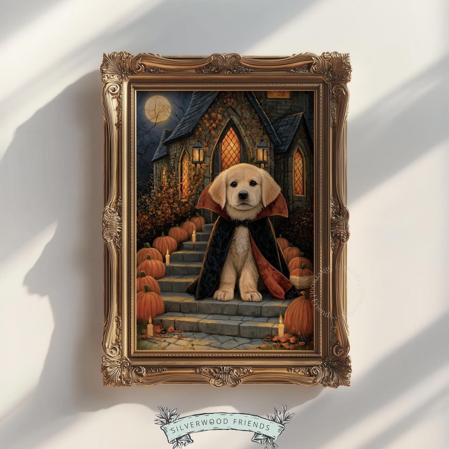 Adorable halloween puppy digital wall art — witchy fall cottage house aesthetic