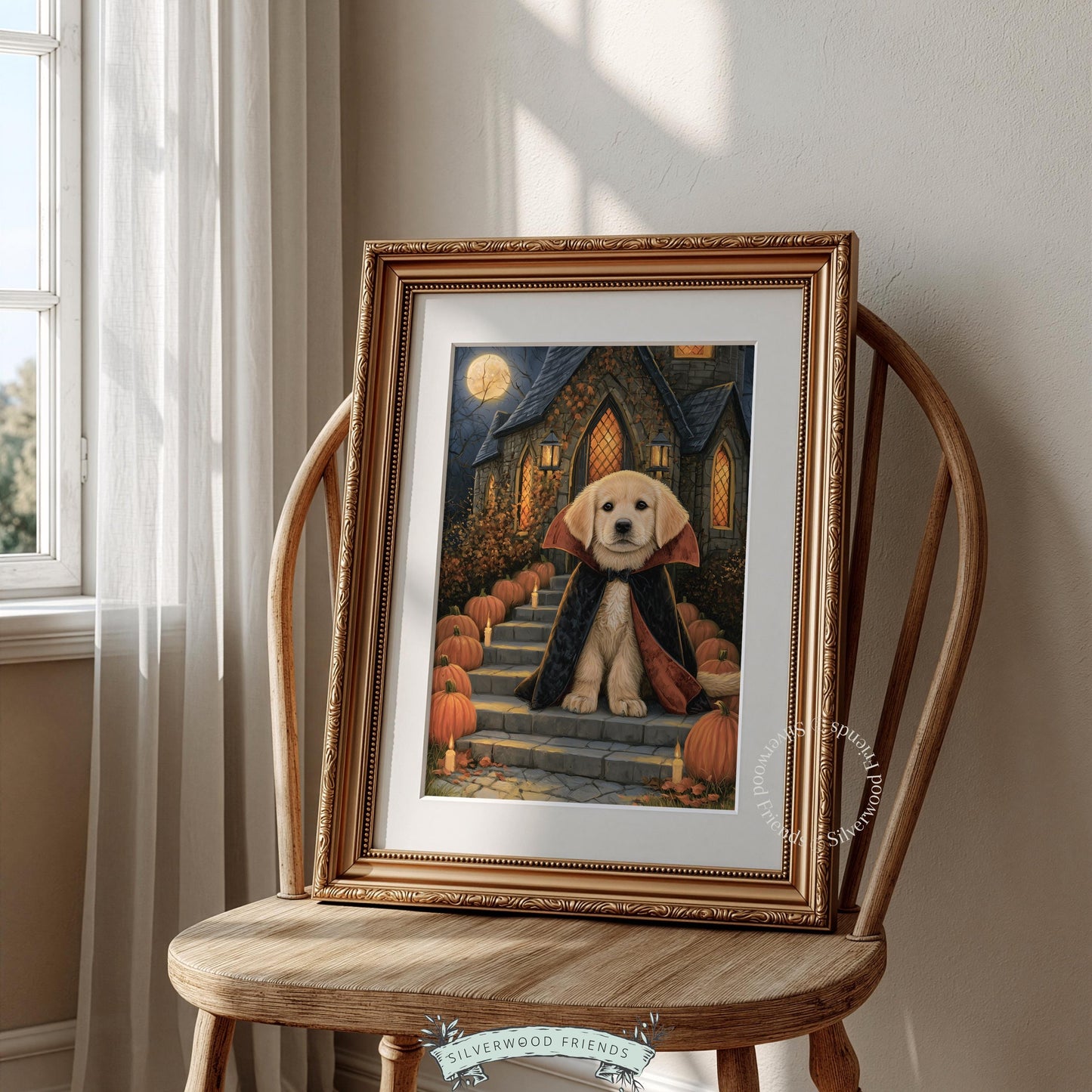 Playful pup vampire outfit canvas-style poster — moody nighttime haunted garden decor