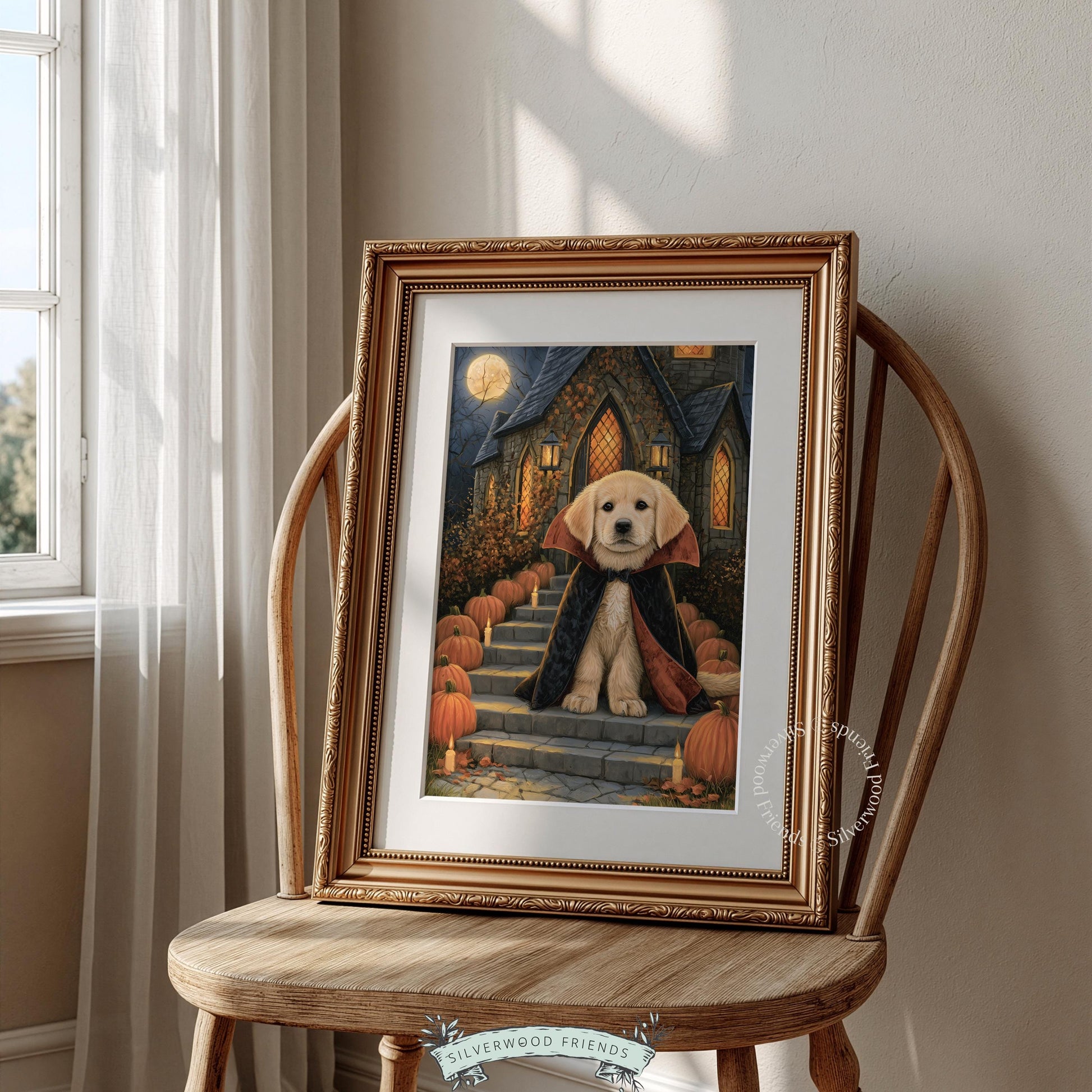 Playful pup vampire outfit canvas-style poster — moody nighttime haunted garden decor