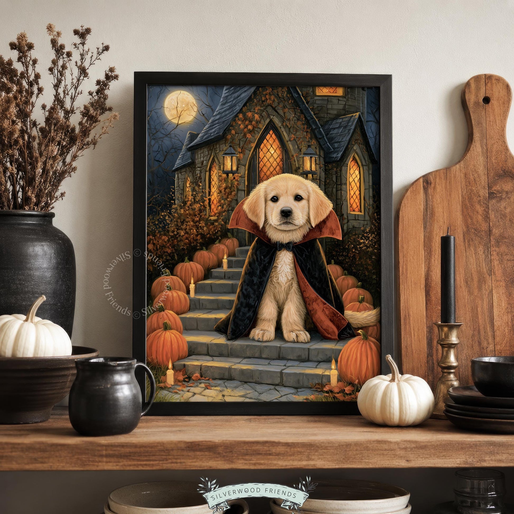 Puppy halloween printable wall art for den — gothic haunted estate with candlelit steps