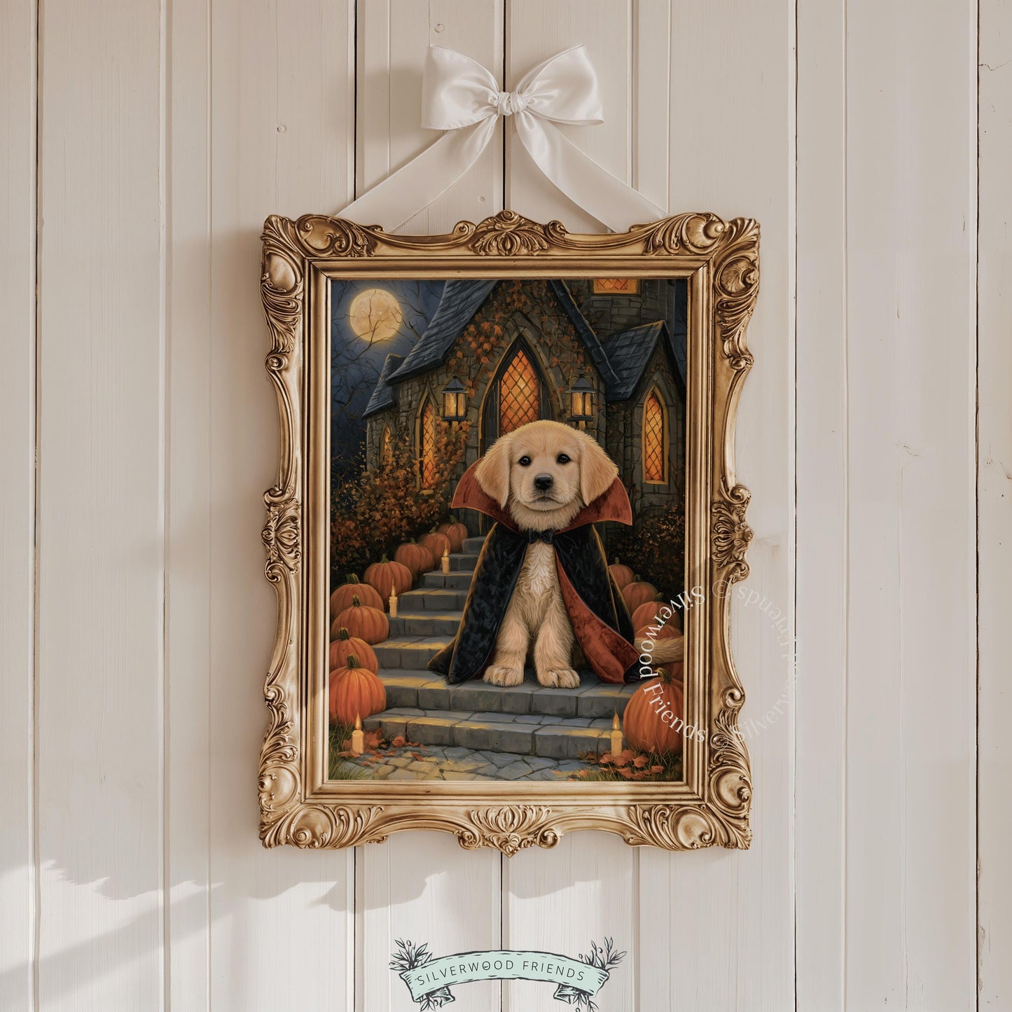 Adorable four-legged creature dressed vampire printable — dark moody midnight scene