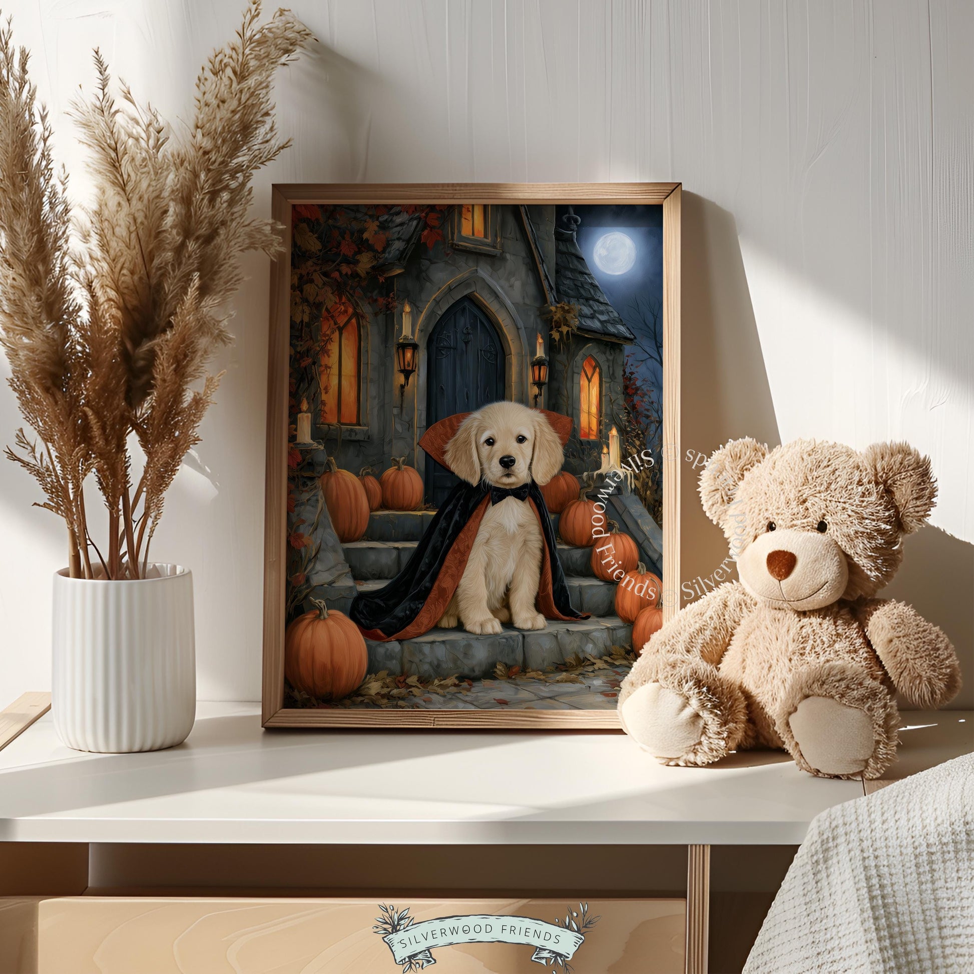 Moody fall dog picture printable art — puppy vampire amid carved gourds, candlelight, and dusky blue night sky