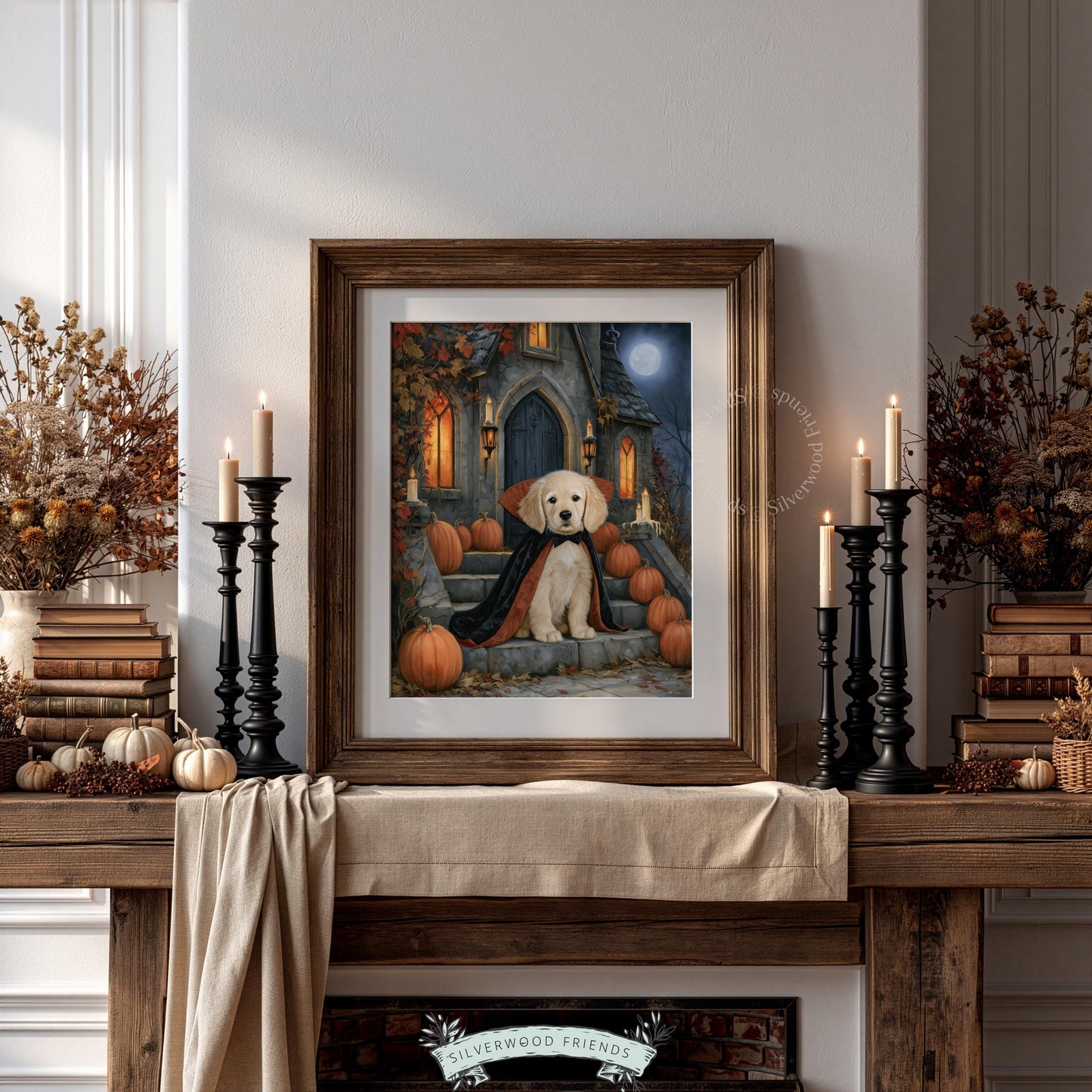 Adorable retriever Halloween picture printable for nursery — dark cozy seasonal wall art with haunted house charm
