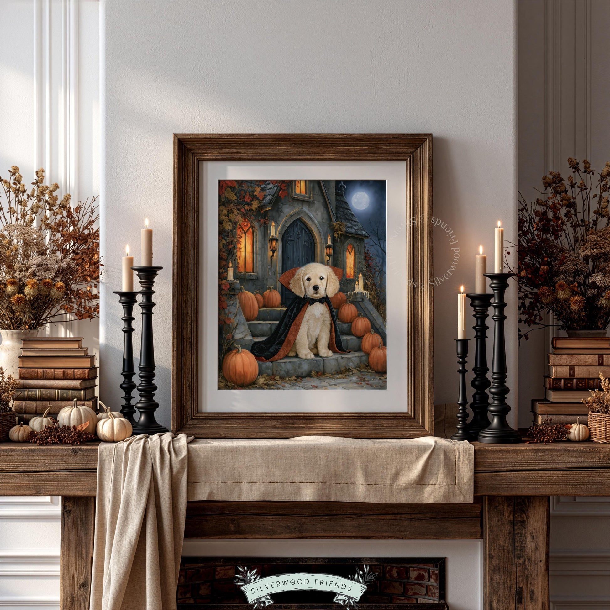 Adorable retriever Halloween picture printable for nursery — dark cozy seasonal wall art with haunted house charm