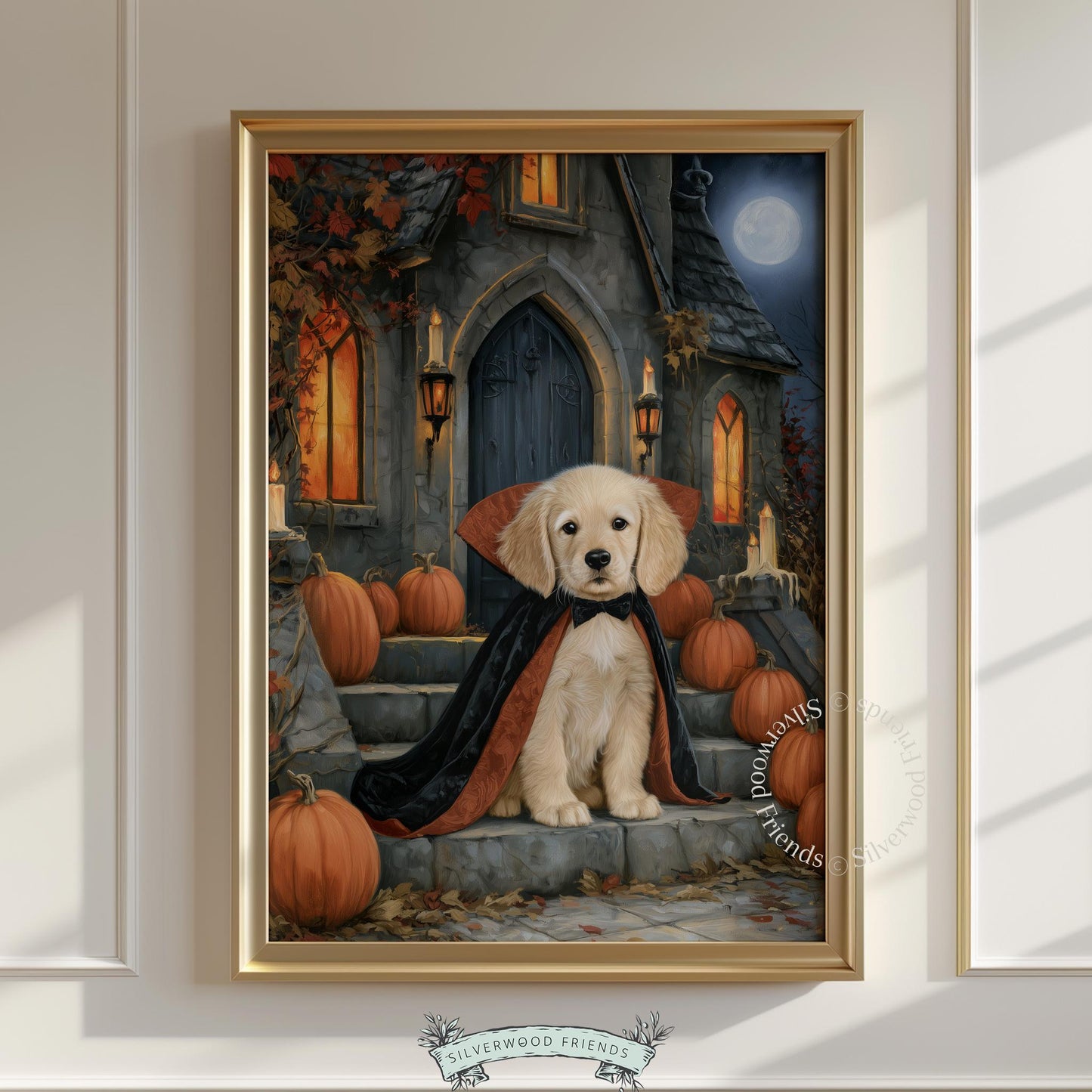 Spooky cute puppy poster for gallery wall — moody fall aesthetic with gothic architecture and full moon glow