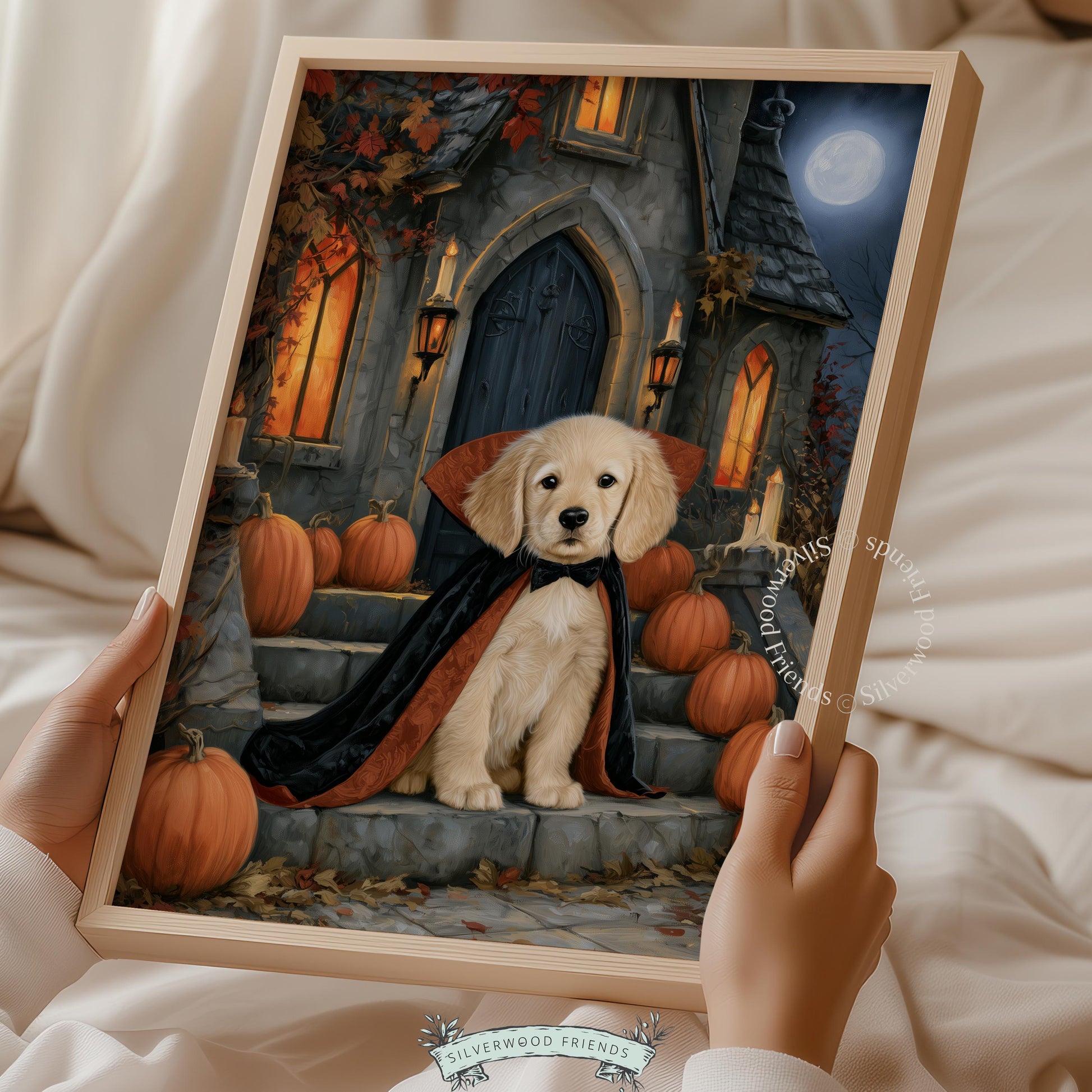 Dog in cape digital print for living room — cute Halloween pumpkin scene with gothic manor backdrop and candlelight