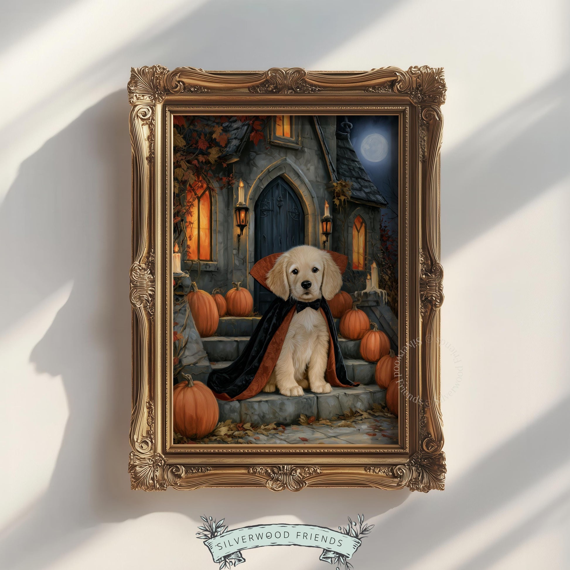 Puppy vampire poster for entryway — festive fall wall decor featuring stone steps and glowing jack-o-lanterns