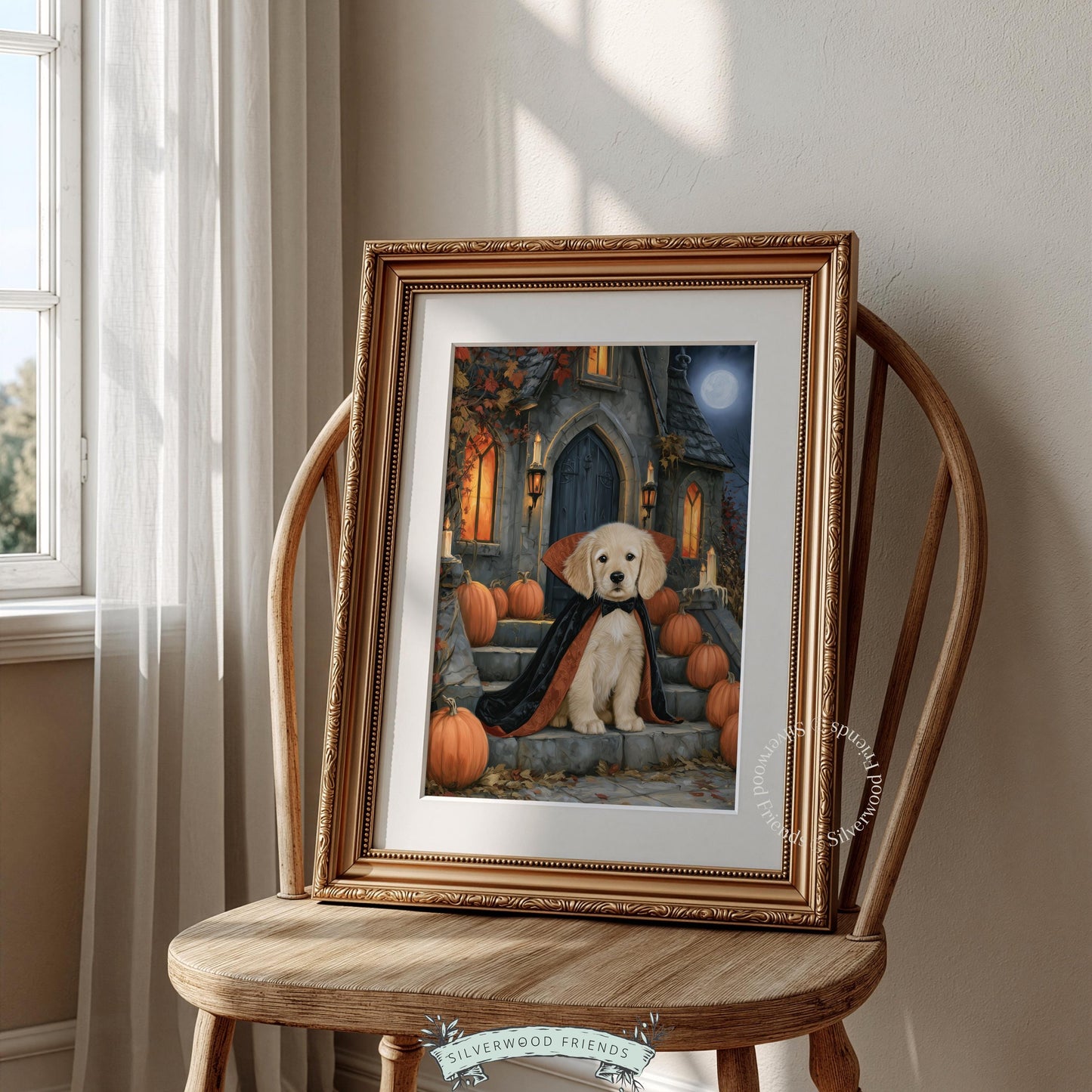 Pet costume wall art instant download — golden dog in vampire cape amid autumn pumpkins and candlelit evening