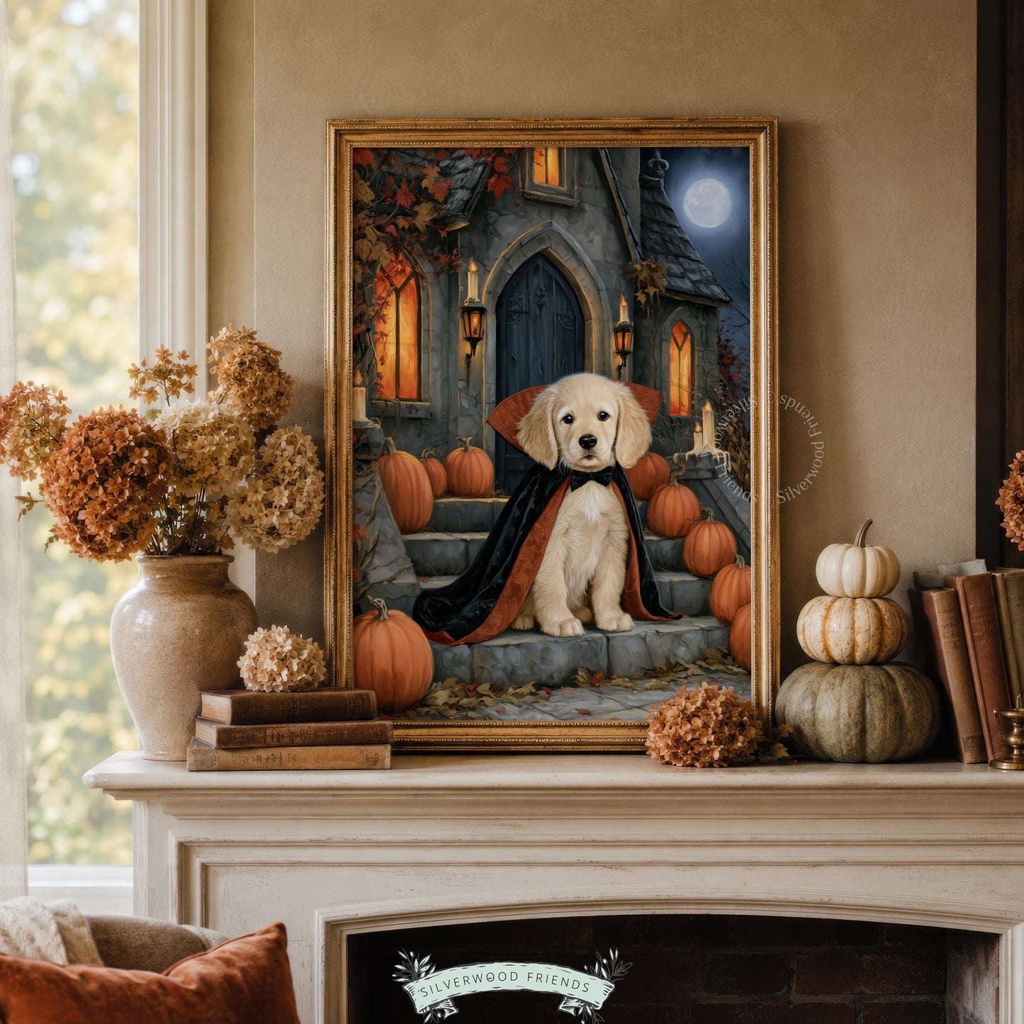 Dog costume wall poster instant download — retriever in vampire cape on stone stairs with glowing pumpkins and candles
