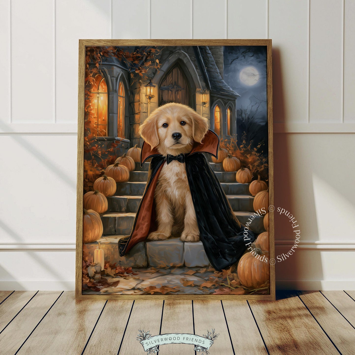 Adorable dog Halloween printable for office — black and red cape, stone perch, pumpkins, autumn leaves