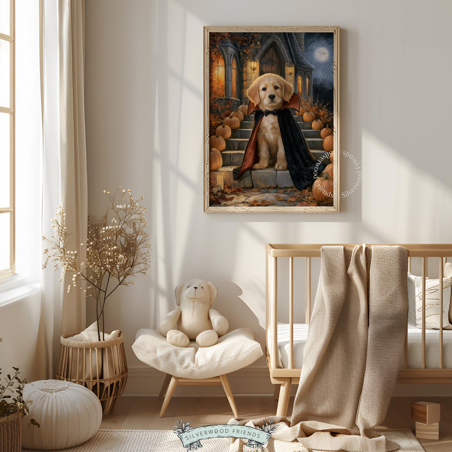 Retriever in formal vampire attire digital art for study — warm golden tones, mansion background, festive season