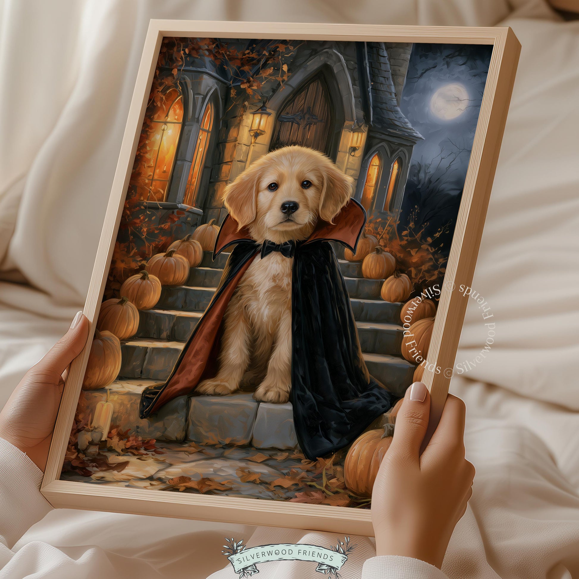 Costumed puppy gallery wall art for nursery — charming spooky scene, lantern-lit ambiance, fall aesthetic