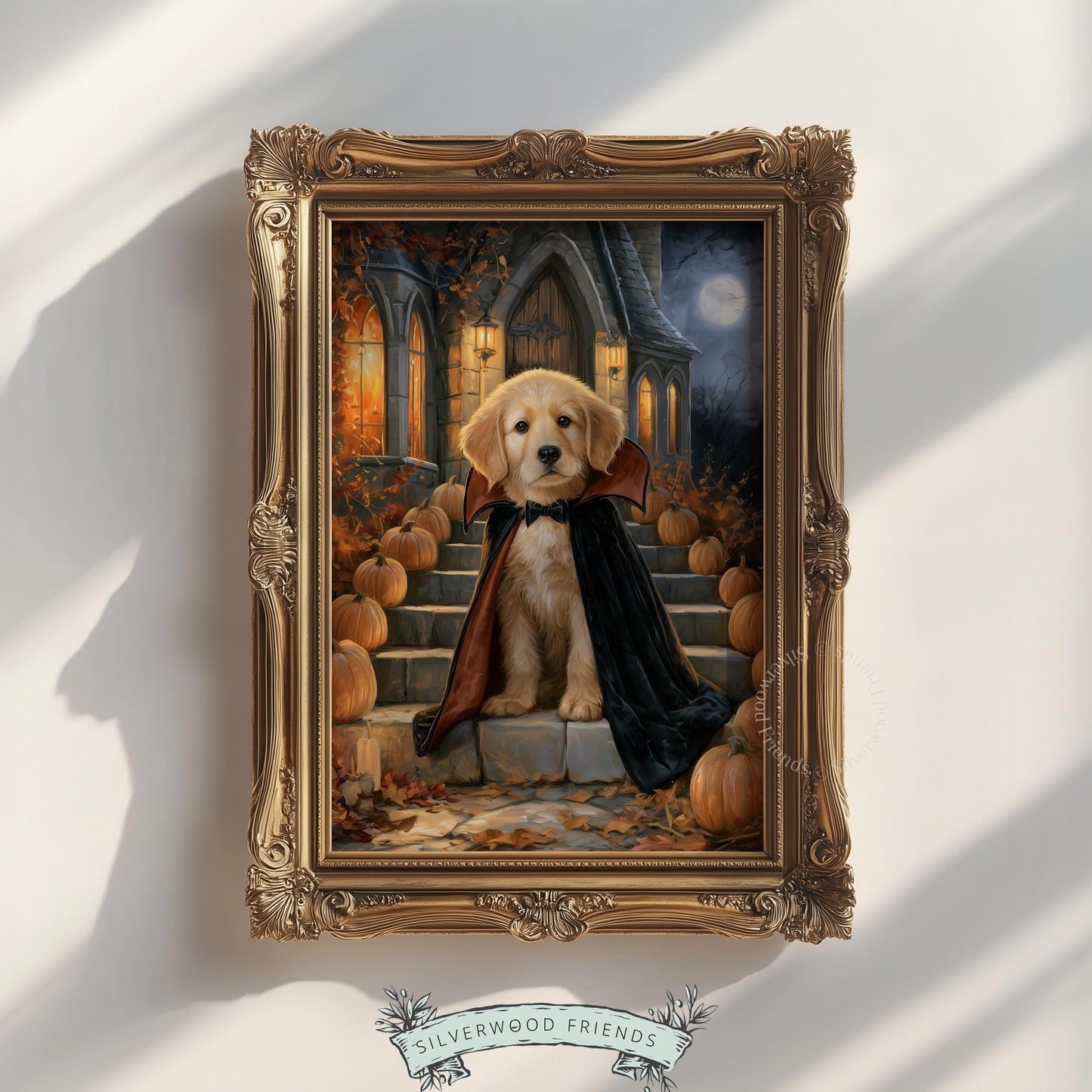 Golden retriever vampire printable art for living room — black cape, gothic manor, autumn Halloween vibes