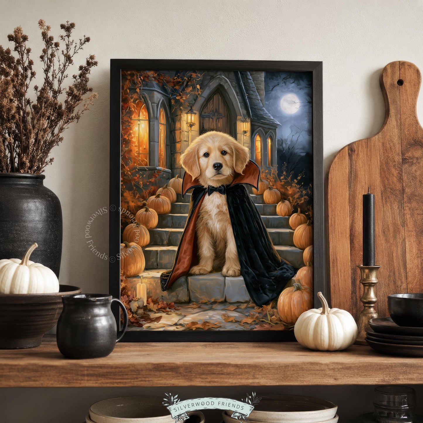 Golden pup Halloween costume digital poster — atmospheric dark scene, ornate manor, glowing autumn details