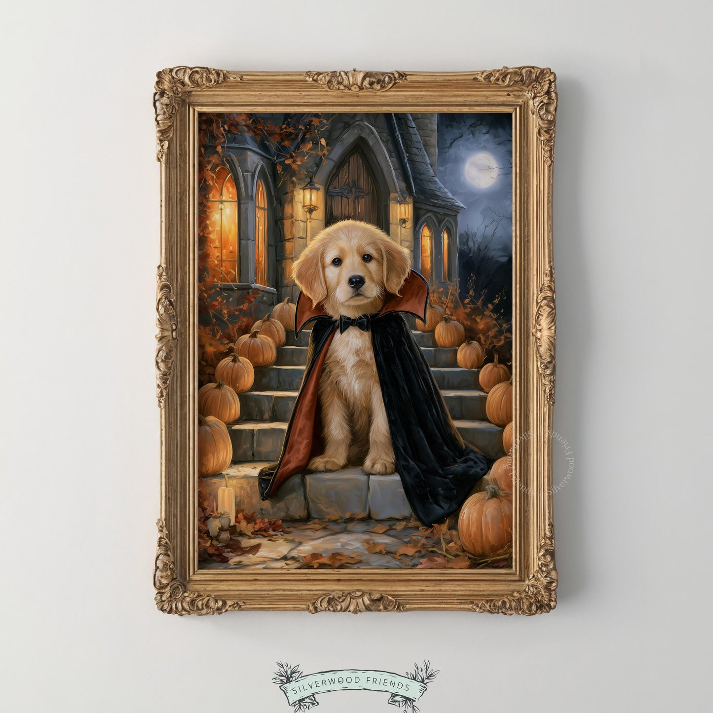Retriever puppy in cape wall print for cottage — warm tones, festive Halloween composition, rustic appeal