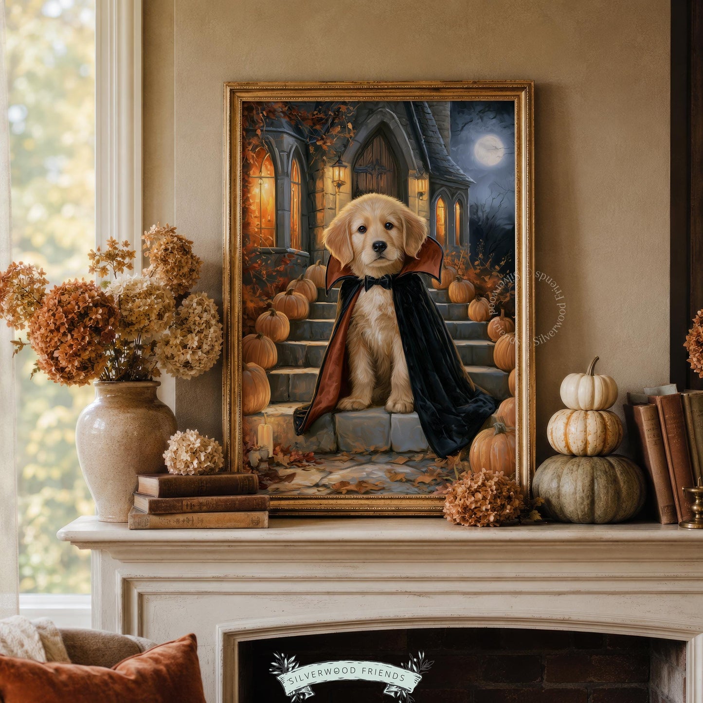 Playful vampire dog artwork for children's room — spooky-charming design, pumpkin-lined steps, seasonal joy