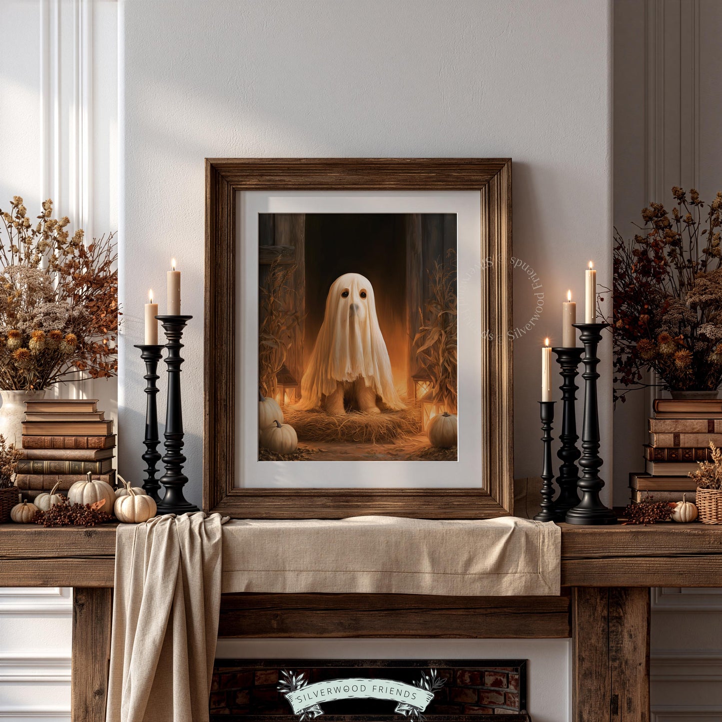 Pup dressed as sheet ghost wall art for autumn home — vintage moody Halloween painting