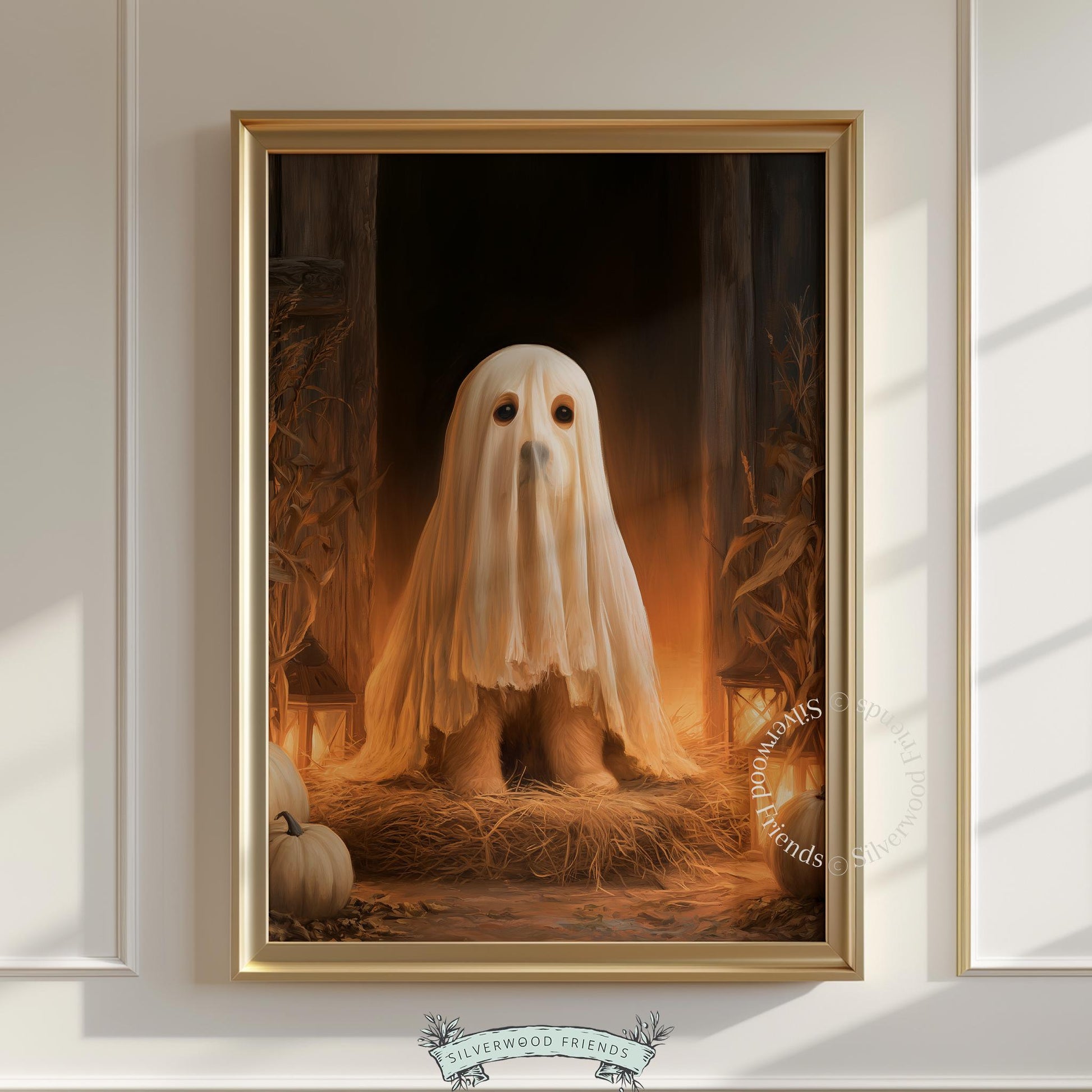 Friendly ghost hound artwork instant download — vintage spooky-cute Halloween with rustic elements