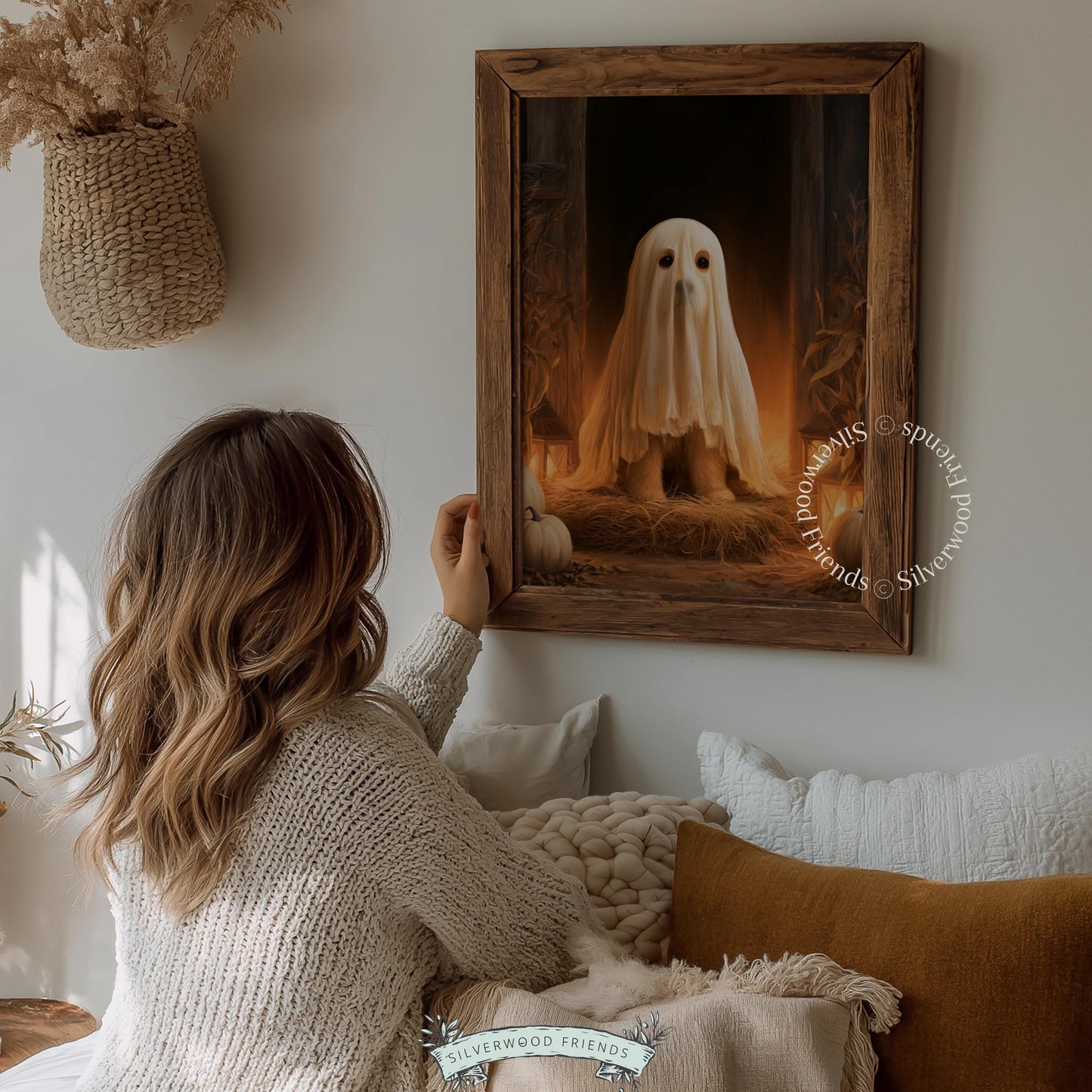 Ghost-costumed canine wall poster for entryway — vintage farm Halloween with flickering lanterns