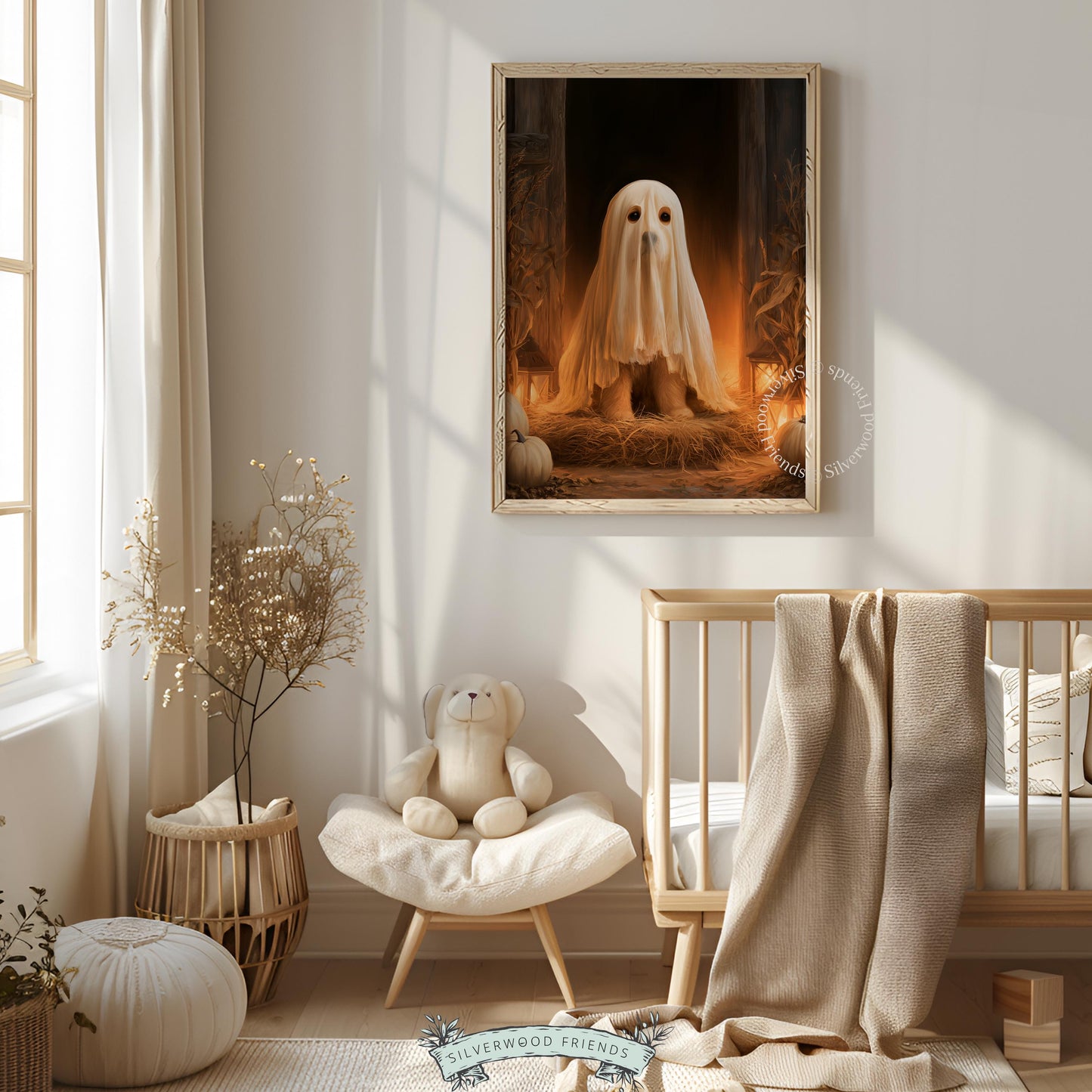 Spooky-cute pup artwork for bedroom — warm atmospheric jack-o'-lantern season print
