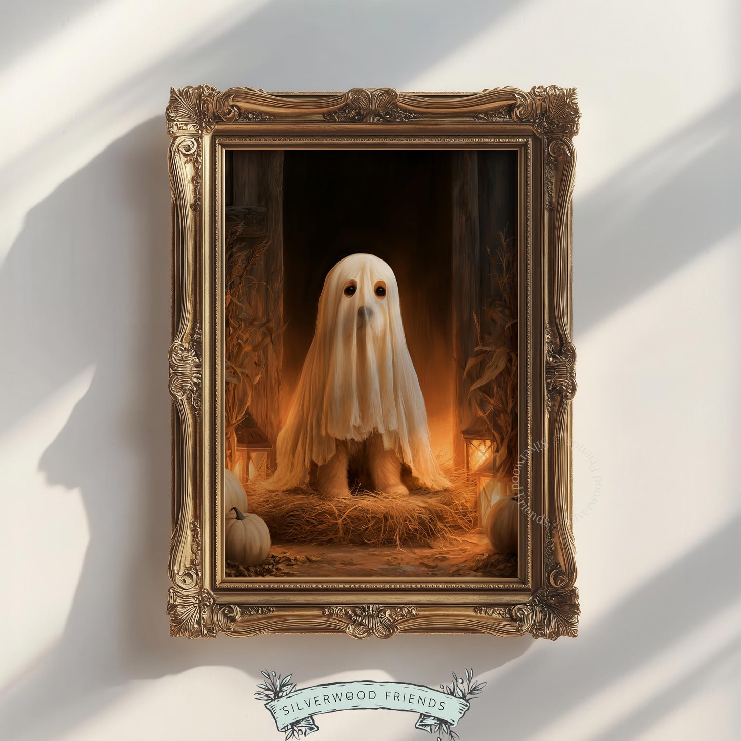 Sheet-covered dog digital painting for seasonal decor — moody October aesthetic with straw backdrop