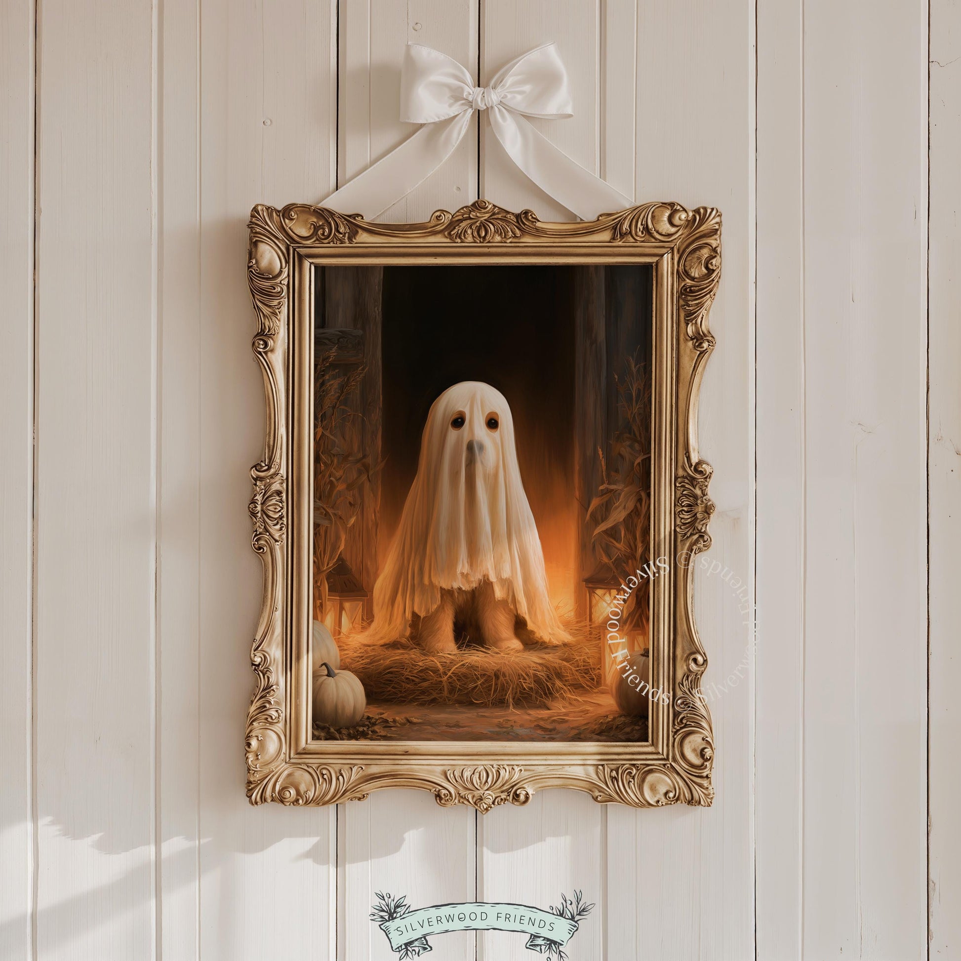 Dog sheet-ghost digital painting for seasonal walls — cozy fright-season farmhouse mood