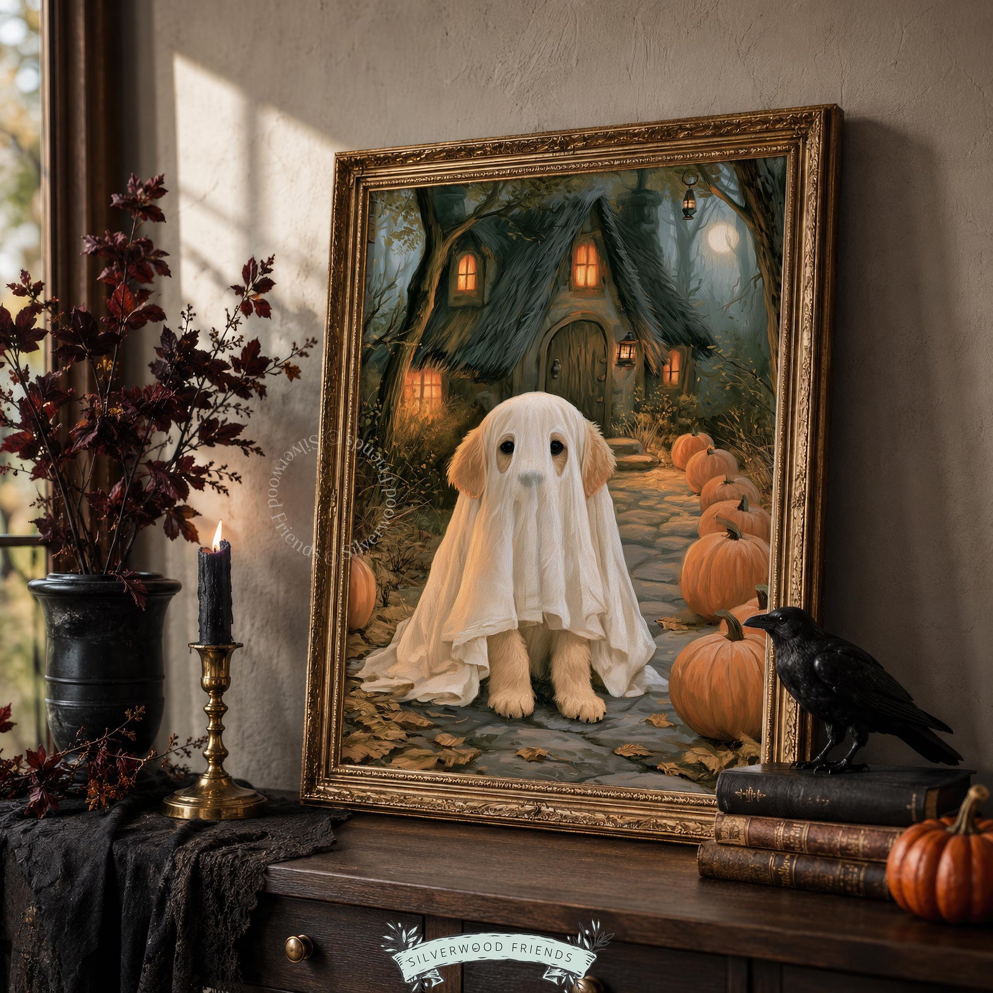 Halloween puppy ghost digital wall art for rustic farmhouse — dark, candlelit pumpkin patch with haunting cottage charm