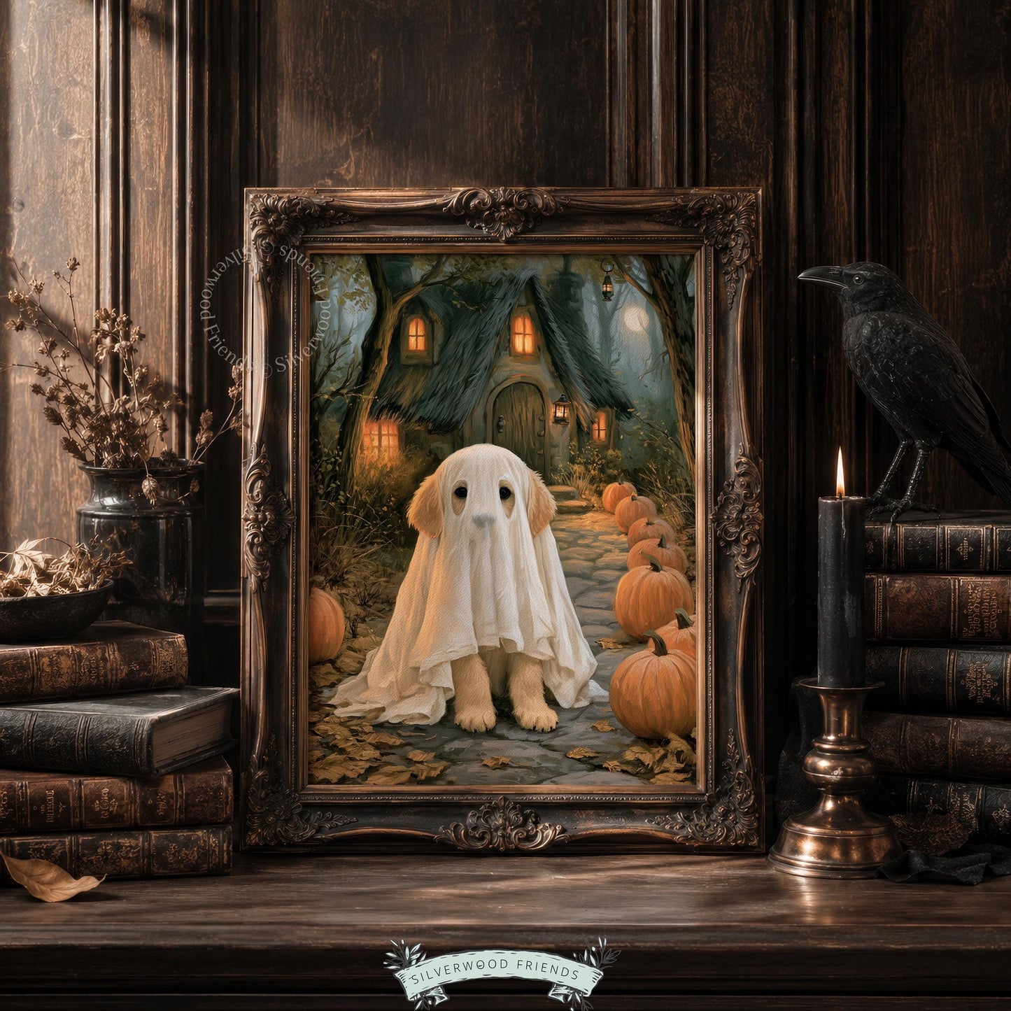Puppy in ghost outfit wall art for kids room — whimsical spooky scene with stone path, pumpkins, and moonlight