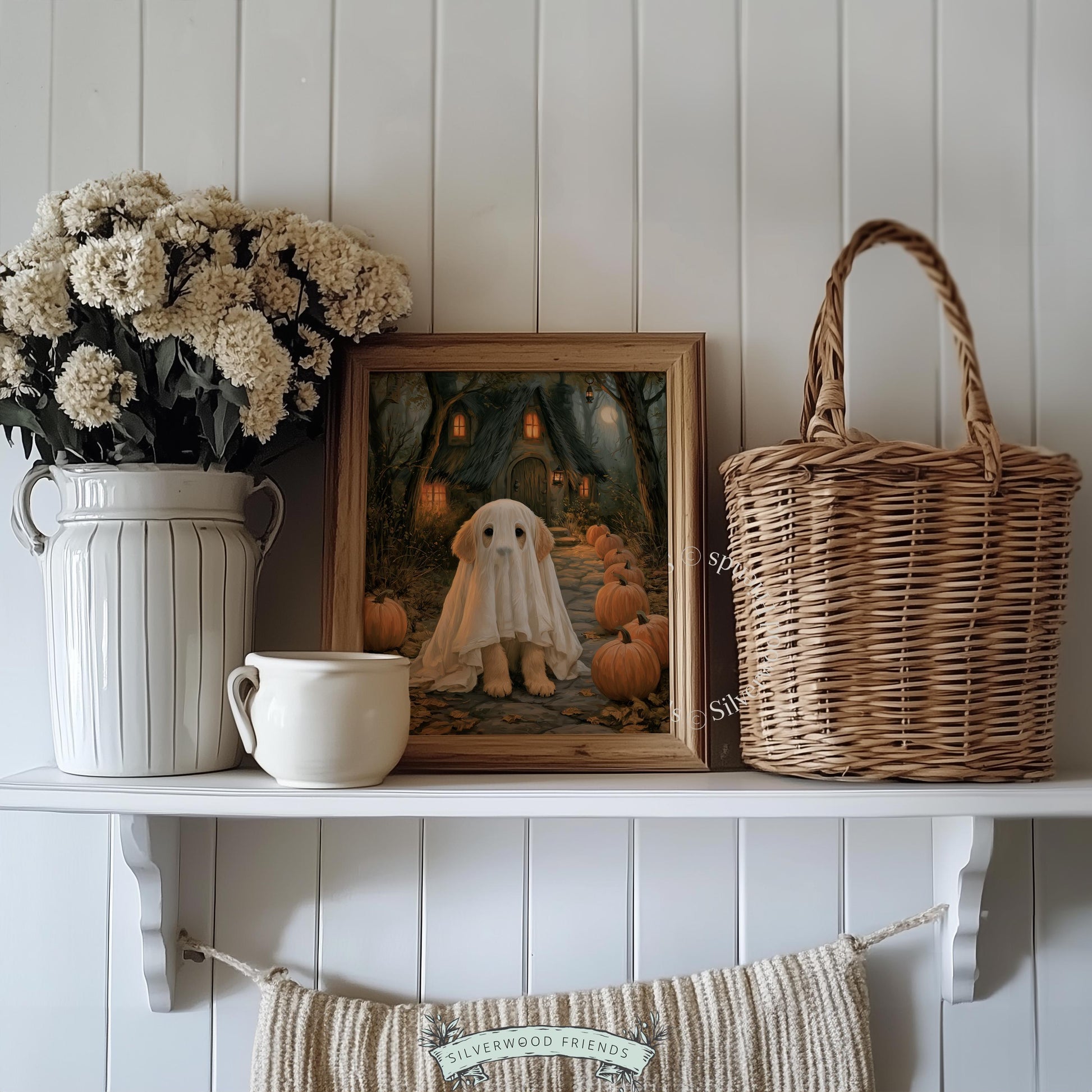 Cute dog in white sheet ghost outfit poster for entryway — spooky autumn cottage scene with candlelit atmosphere