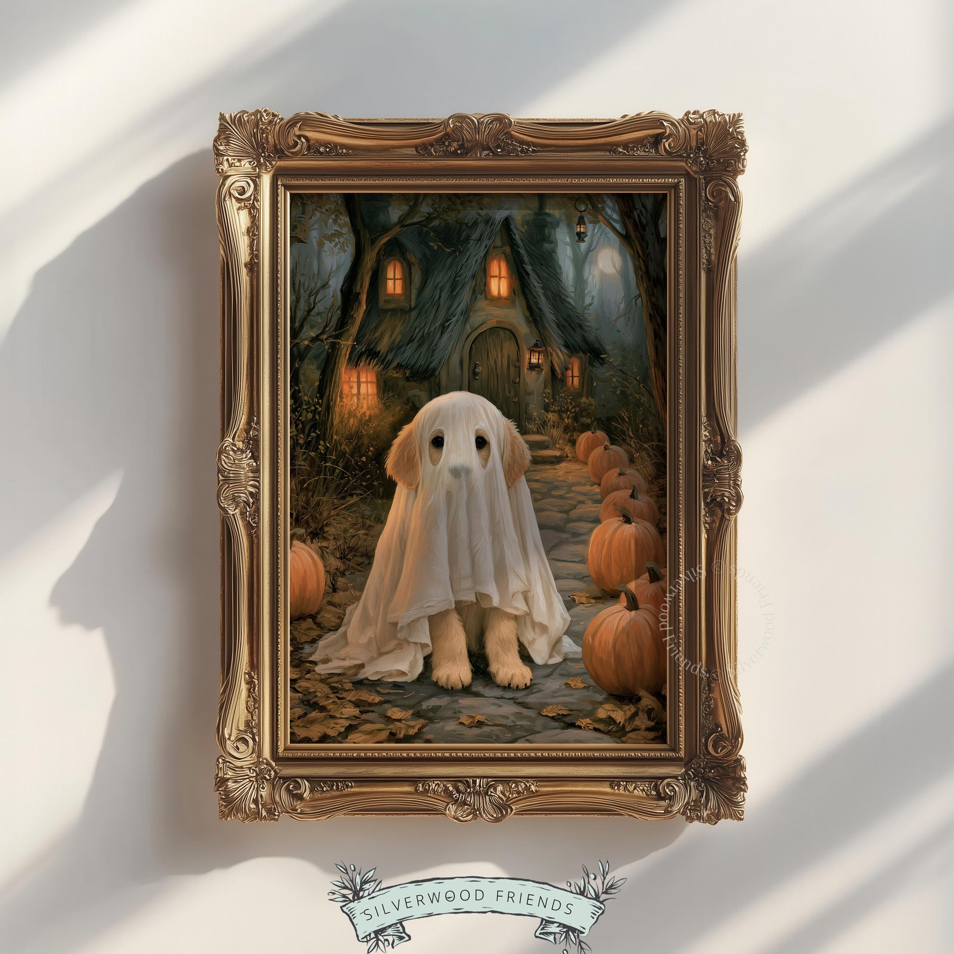 Halloween dog picture printable art for dining room — warm, dimly lit pumpkin path and haunted cottage backdrop