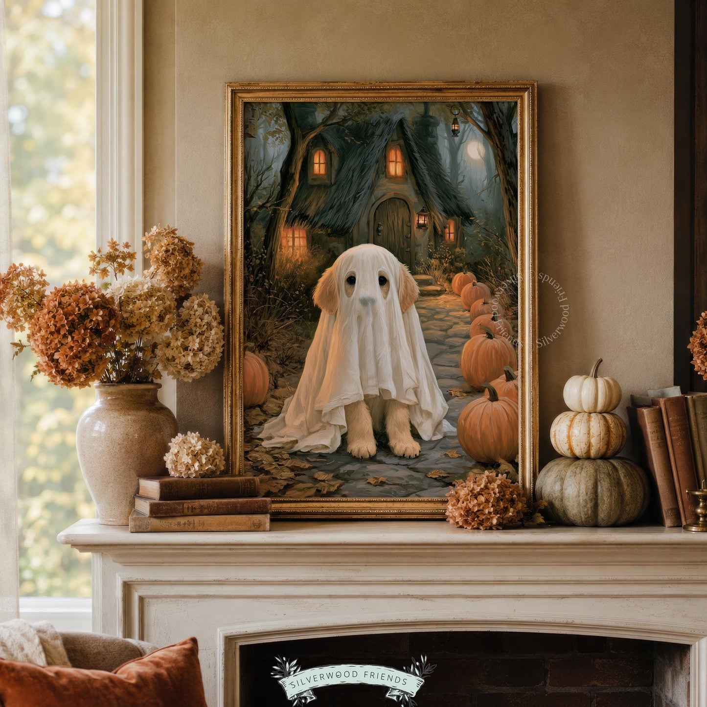 Cute pup ghost outfit wall print for seasonal decor — moody twilight scene featuring stone pathway and harvest gourds